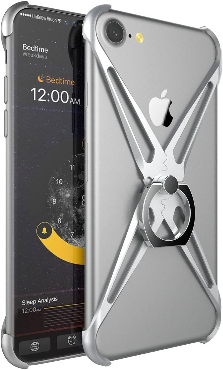 iPhone 6s Plus Case/iPhone 7 Plus Case/iPhone 8 Plus Case, Sherox Aluminum Metal Bumper Case Cover with Ring Kickstand & Screen Protector & Carbon Fiber Texture Back Skin Sticker, Silver