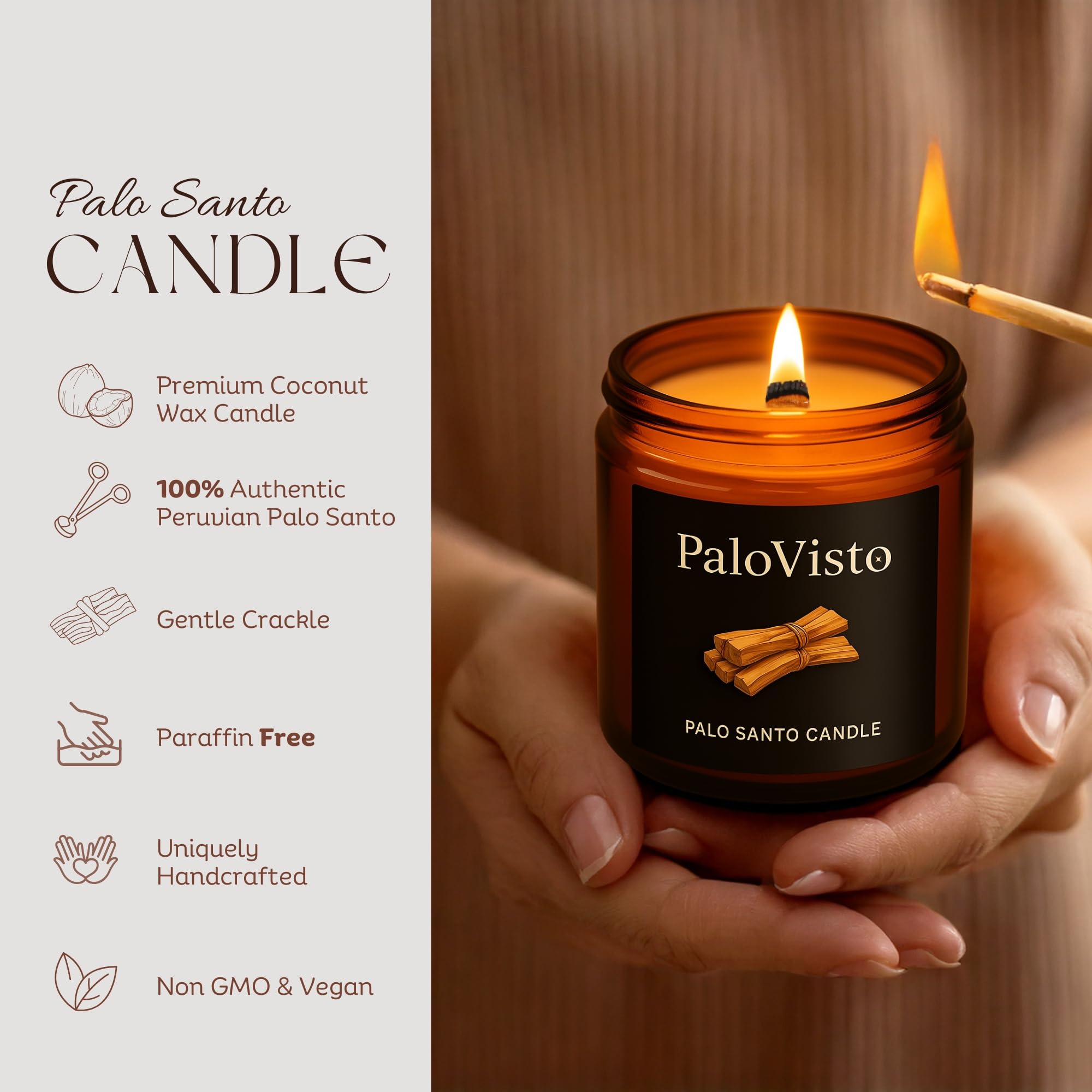 Palo Santo Premium-Kokosnusswachskerze, 237 ml, 60 Stunden Brenndauer, knisternder Holzdocht, handgefertigtes Geschenk, paraffinfreie Luxus-Aromatherapie für Zuhause und Wellness