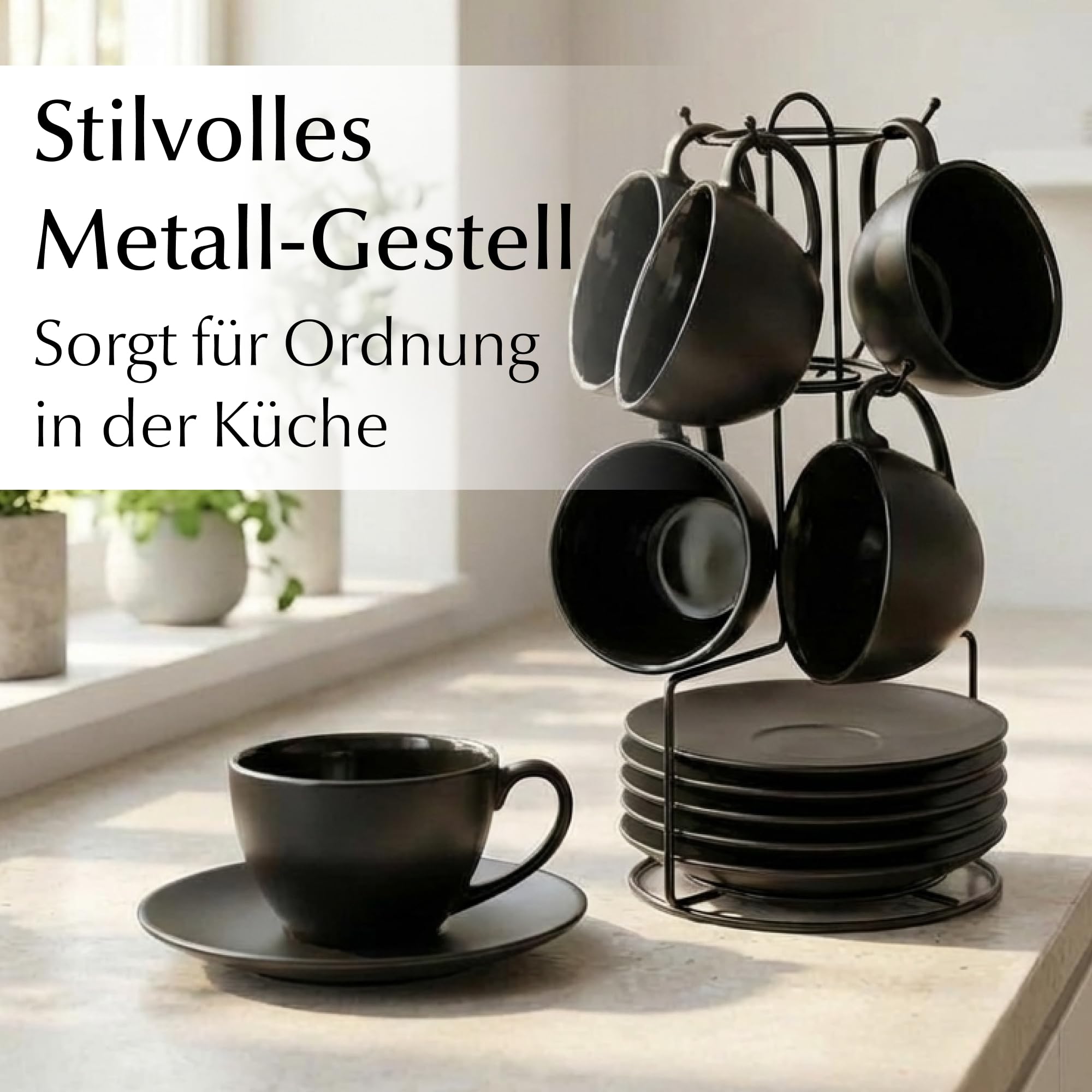 MIAMIO - 6 x 175 ml Tasse Cappuccino Tassen mit Unterteller & Ständer/Cappuccinotassen Set - Le Papillon Kollektion (Schwarz)