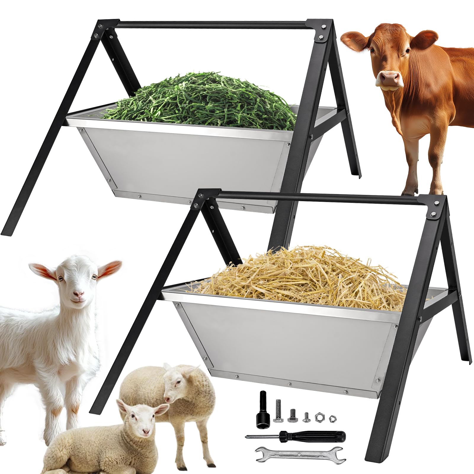 Comedero para Ovejas, 23" Comederos Portátiles para Animales - Comedero Grande de Acero Inoxidable para Cabras, Ovejas, Cerdos, Perros, Paquete de 2