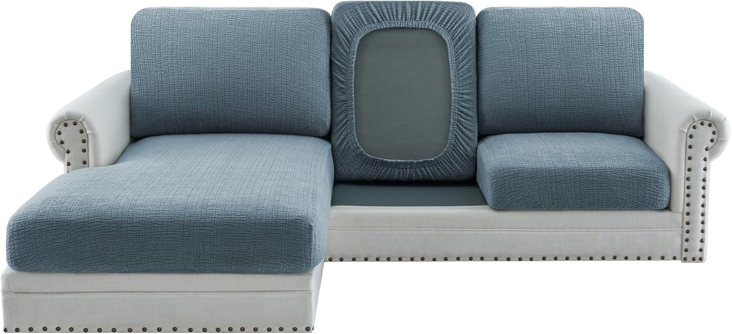H.VERSAILTEX Super Stretch Individual Jacquard Couch Cushion Covers Furniture Protector Spandex Anti-Slip Soft Thickened Slipcovers Easy Install, (1 PC, Chaise Couch Cover, Stone Blue)