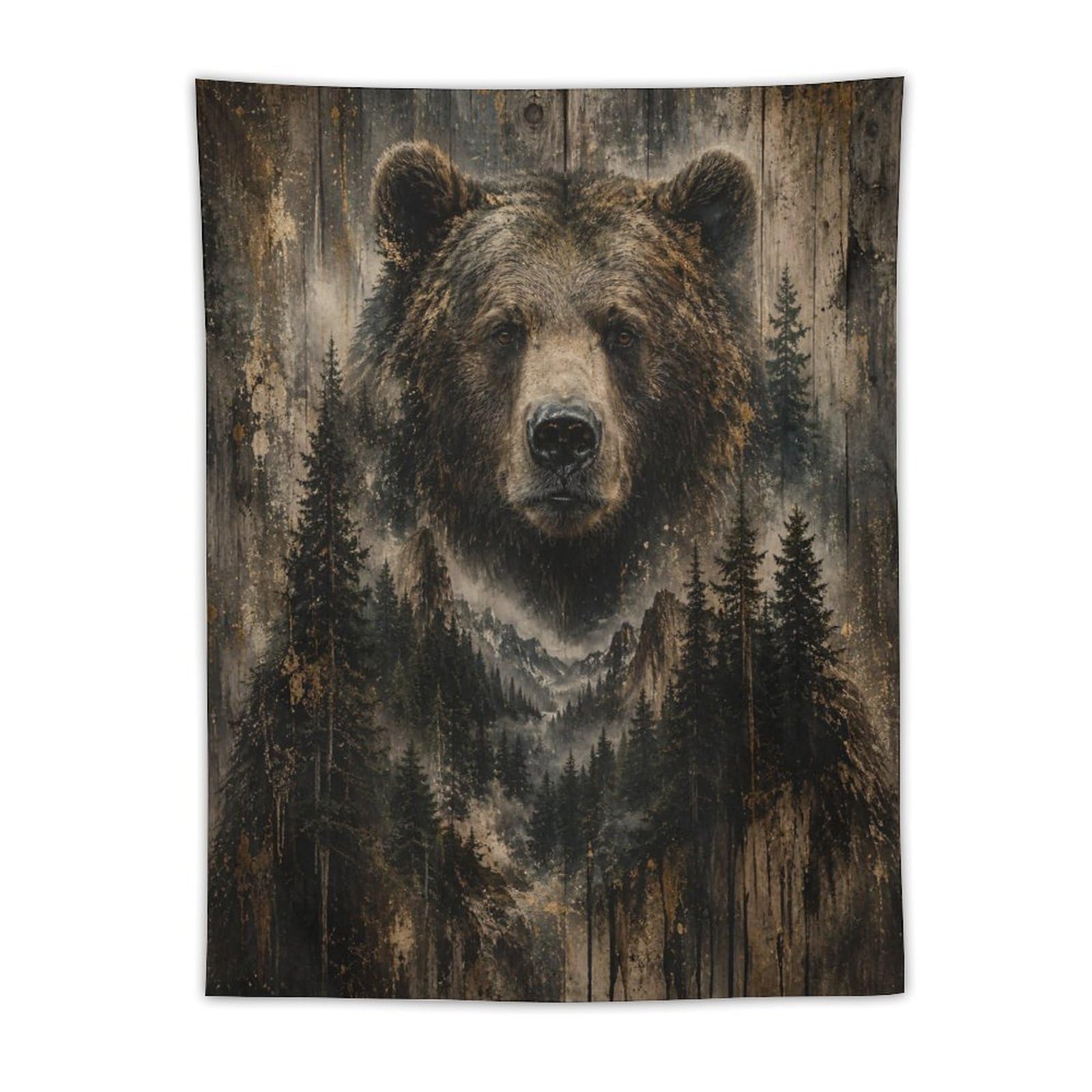 H3B8U2Y5 Brown Bear Mountain Wall Tapestry, Oil Painting, Rustic Wildlife