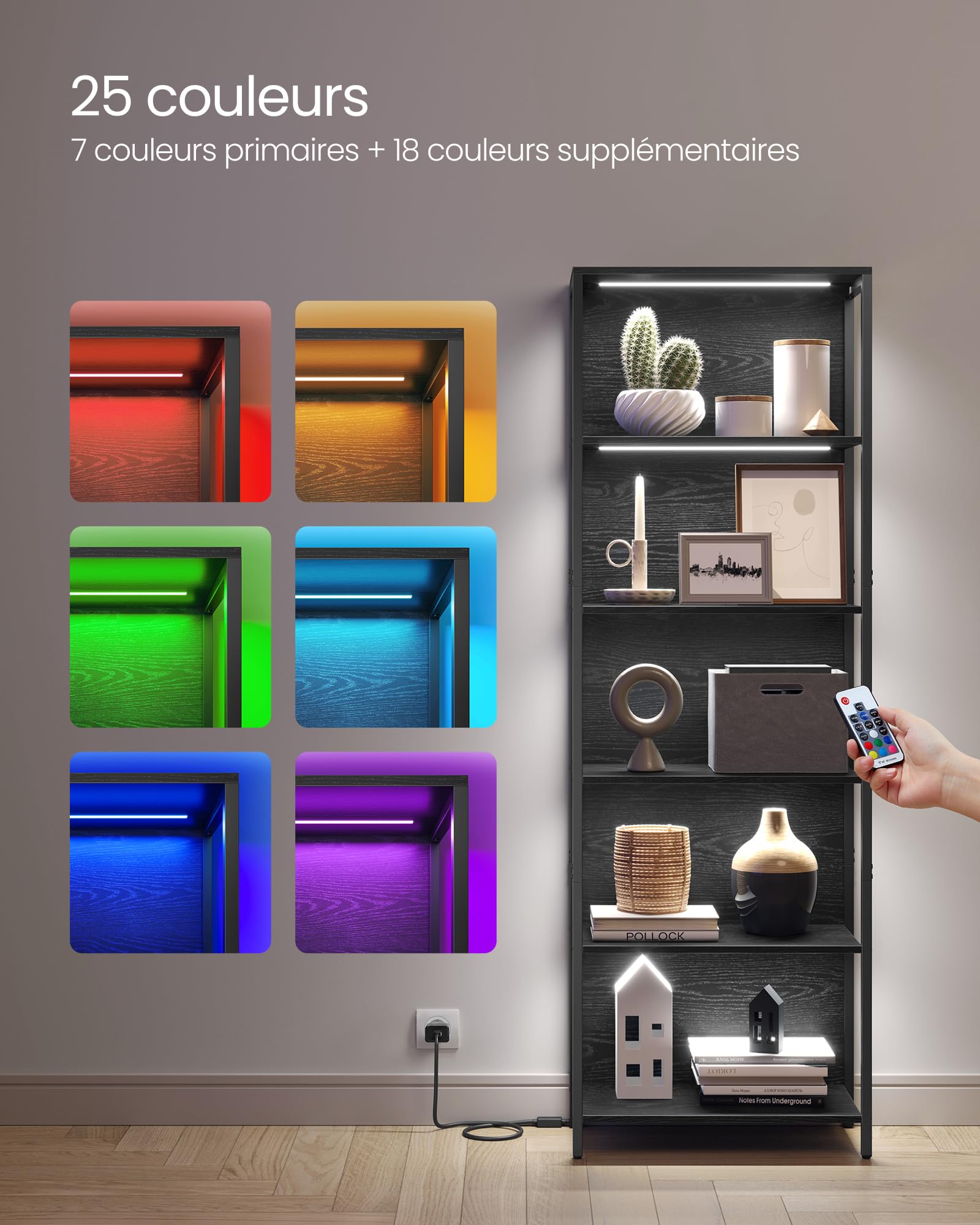 VASAGLE Bibliothèque LED à 6 Niveaux, Étagère à Lumière Réglable, Meuble de Rangement avec Cadre en Acier, 30,3 x 60 x 178,6 cm, pour Salon, Chambre, Bureau, Noir Boisé LLS120B57