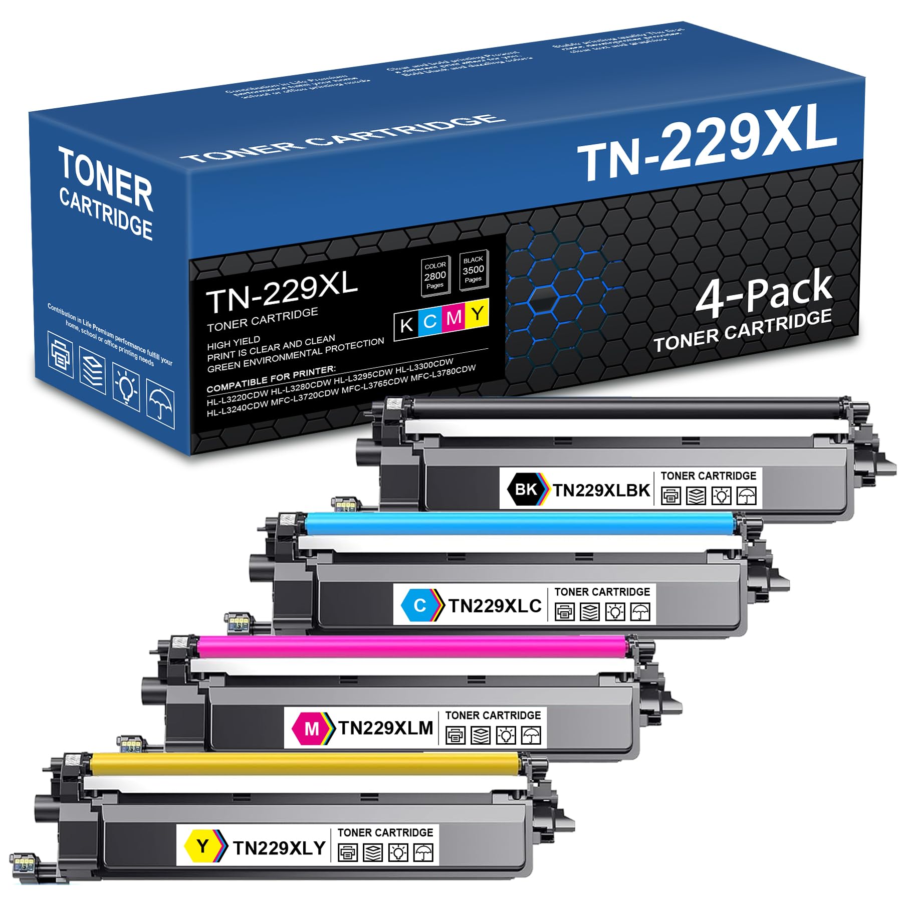 TN229XL TN-229XL High Yield Toner Cartridges 4 Pack Replacement for Brother TN-229XL TN229 Toner MFC-L3780CDW MFC-L3720CDW HL-L3280CDW HL-L3220CDW