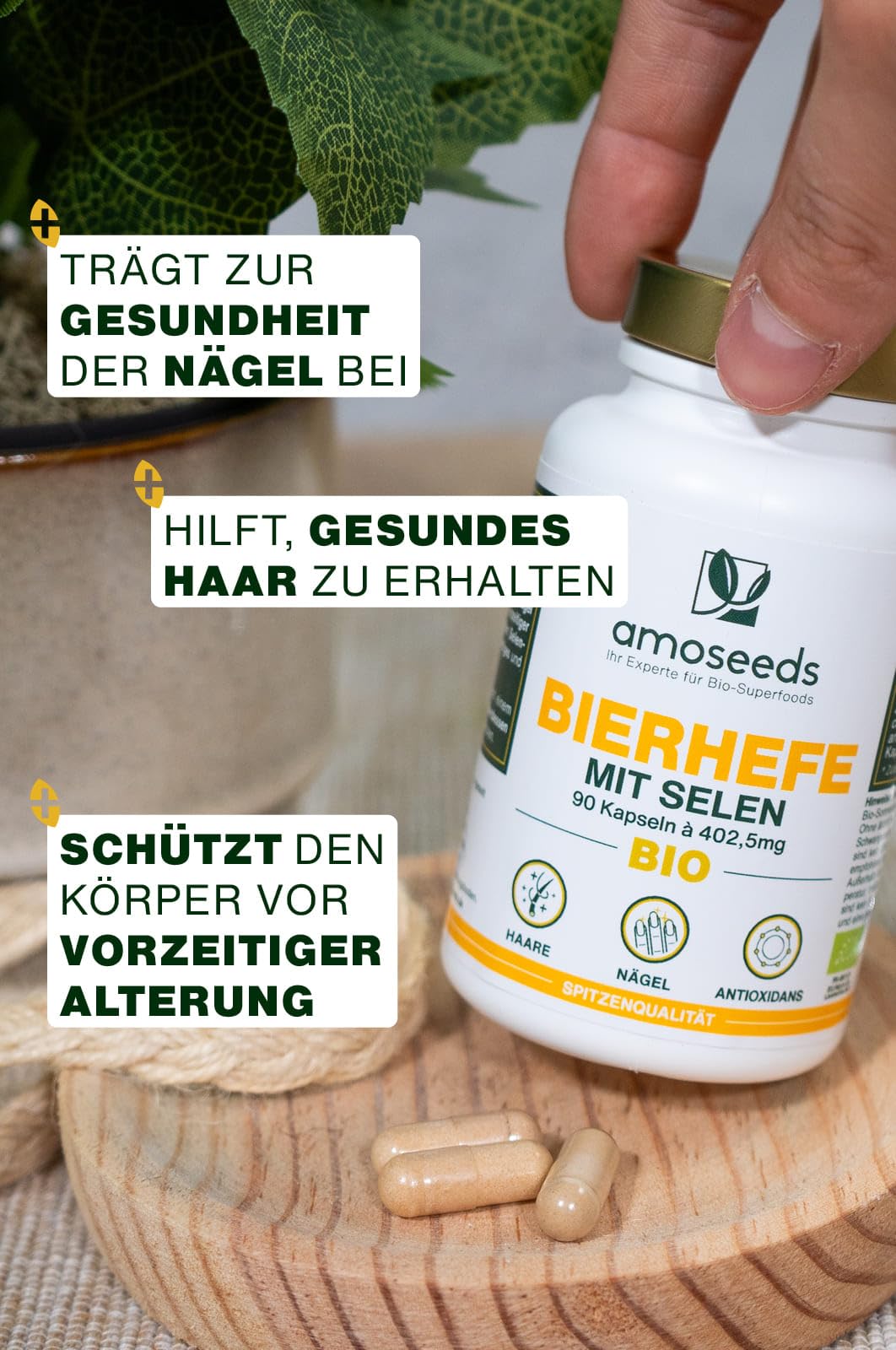 BIO-Bierhefe | Haare und Nägel | Lebendhefe, 1200mg / Tag, Glutenfrei | Angereichert mit Selen | 90 vegane Kapseln | Spitzenqualität