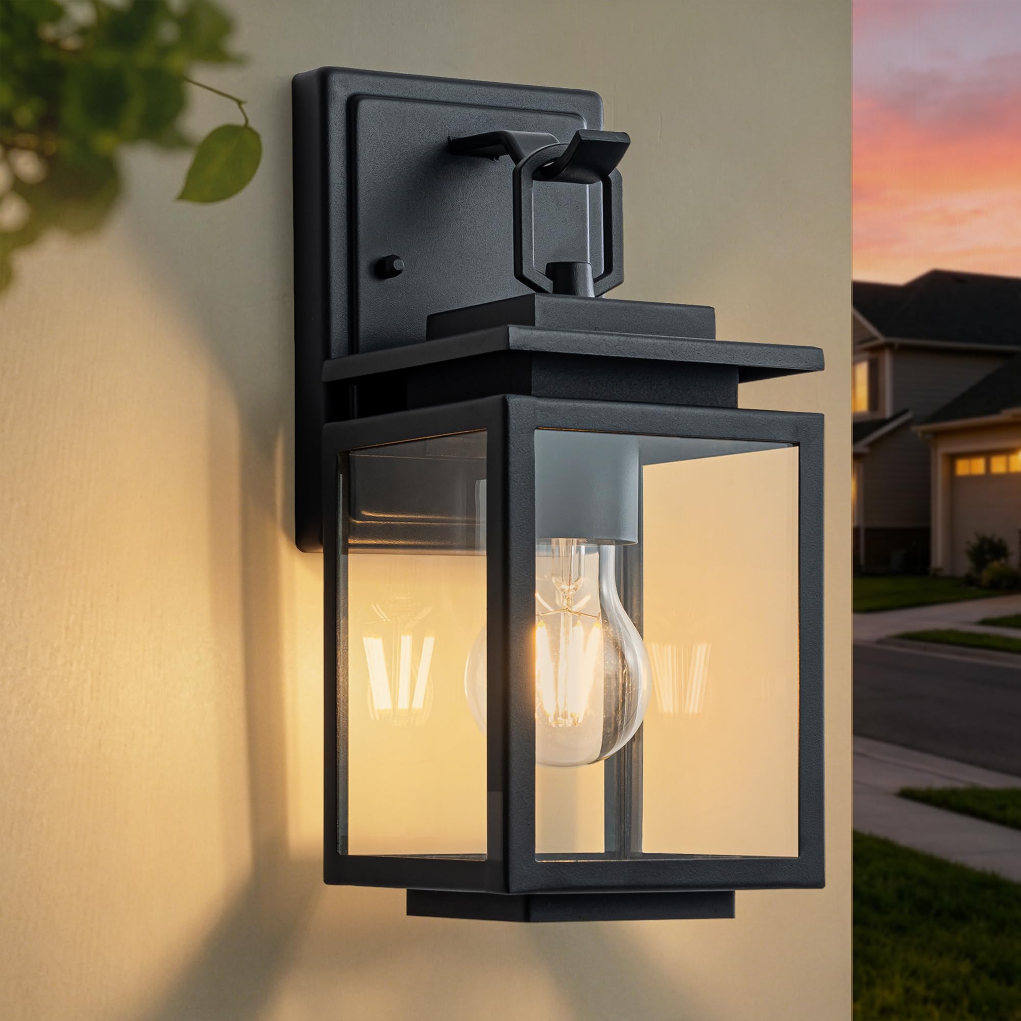 FTL Outdoor Wall Lights Lantern, Exterior Wall Light IP44 Waterproof, Porch Light Outdoor, Patio Wall Sconces Lighting with E27 Socket & Glass Shade, Outside Garden Lamps for Garage Yard, Matte Black