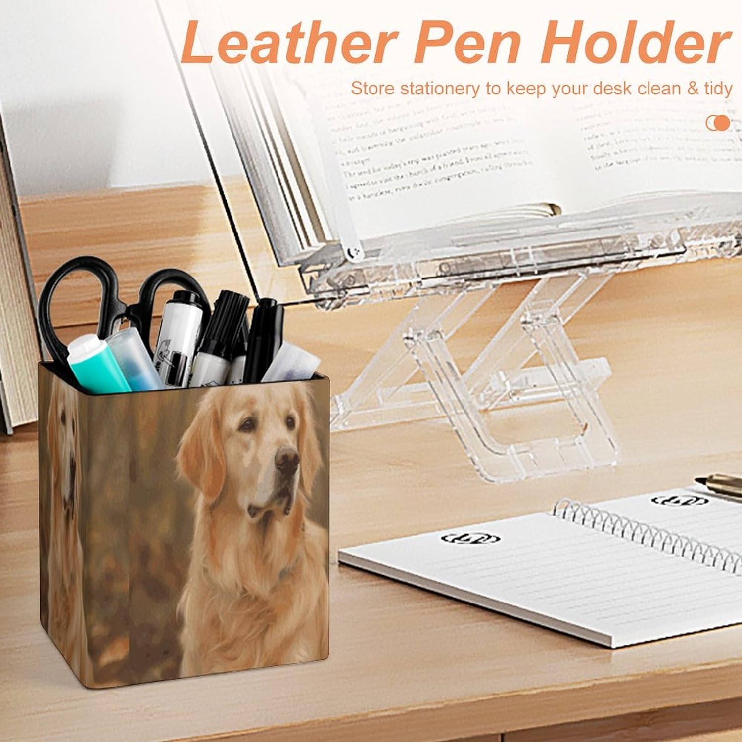 Golden Retriever Leather Pen Holder Desk, Pencil Cup Makeup Brush Holder Desktop Organizer Storage Case Stationery for Home Office Supplies image 4