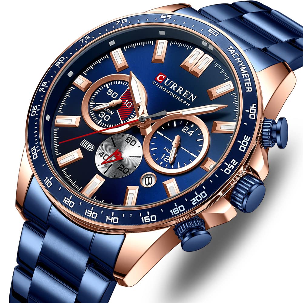 Orologio per gli Uomini Cronografo In Acciaio Inox Classico Modo Analogico Al Quarzo Grande Quadrante Casual Luminoso Orologi, Blu, L