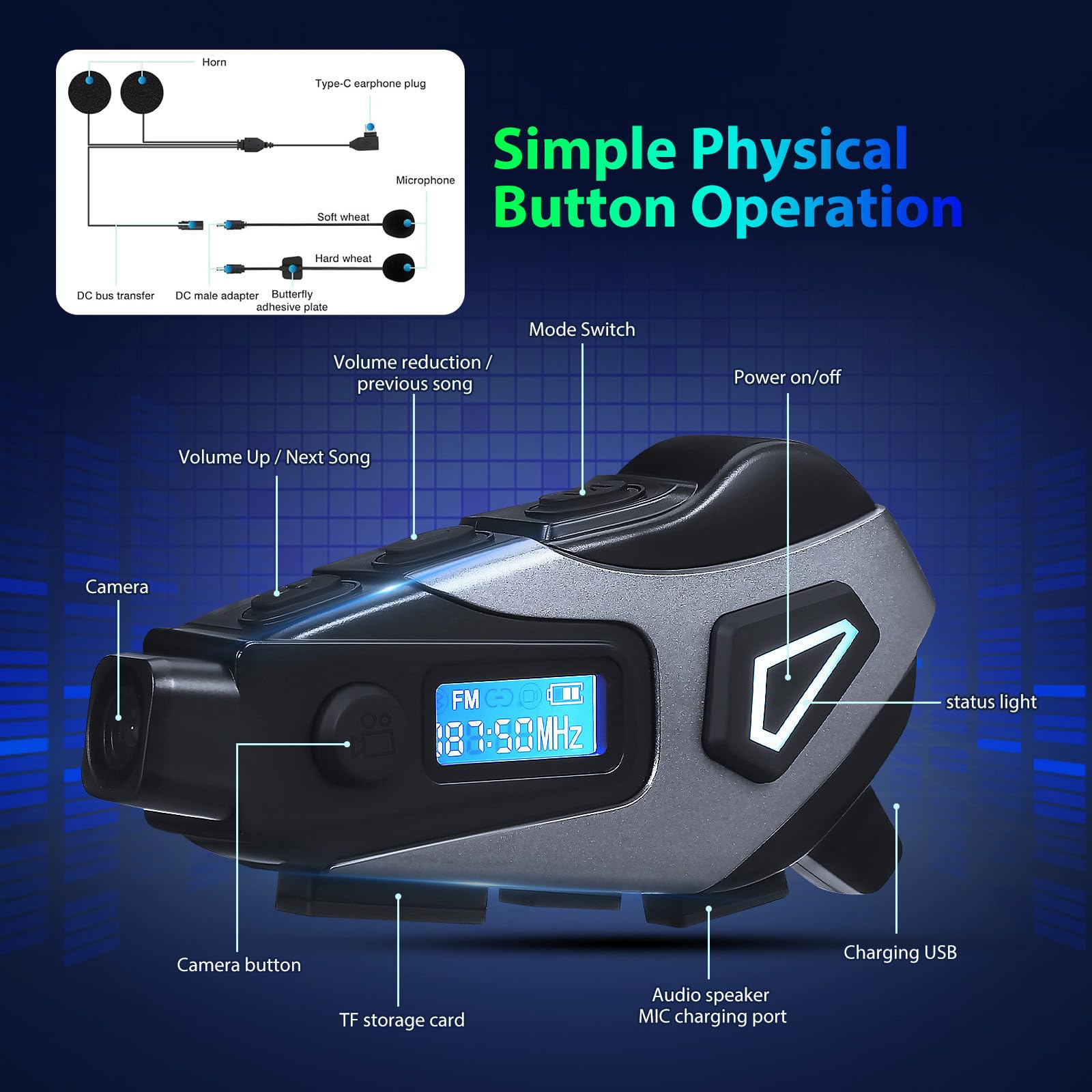 ifundom Auricolare Wireless per Casco Moto 2 in 1, Abs, 1200 Mah, 32 Gb, Versione 5.4, Ipx8, Microfono con Riduzione Rumore, per Casco Moto, Uomo e Donna