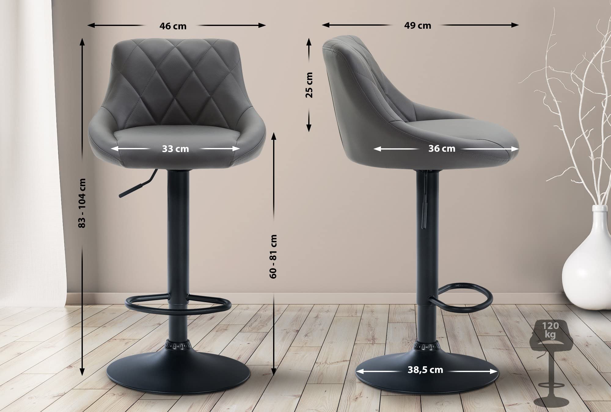 CLP Tabouret De Bar Réglable en Hauteur Lazio Similicuir I Chaise Hauteur De Bar Confortable avec Dossier Et Repose-Pied I Réglable Pivotant, Couleur:Gris, Couleur du Cadre:Noir