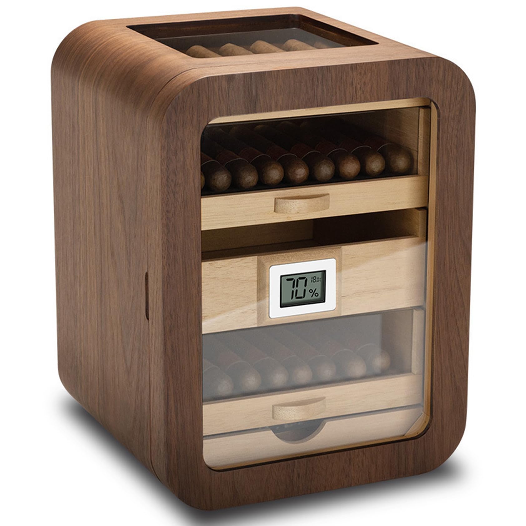 Cave à Cigares, Vitrine En Verre, Boîte De Rangement En Bois De Noyer, 4 Tiroirs, Capacité D'environ 110 Cigares, Pour Homme,A
