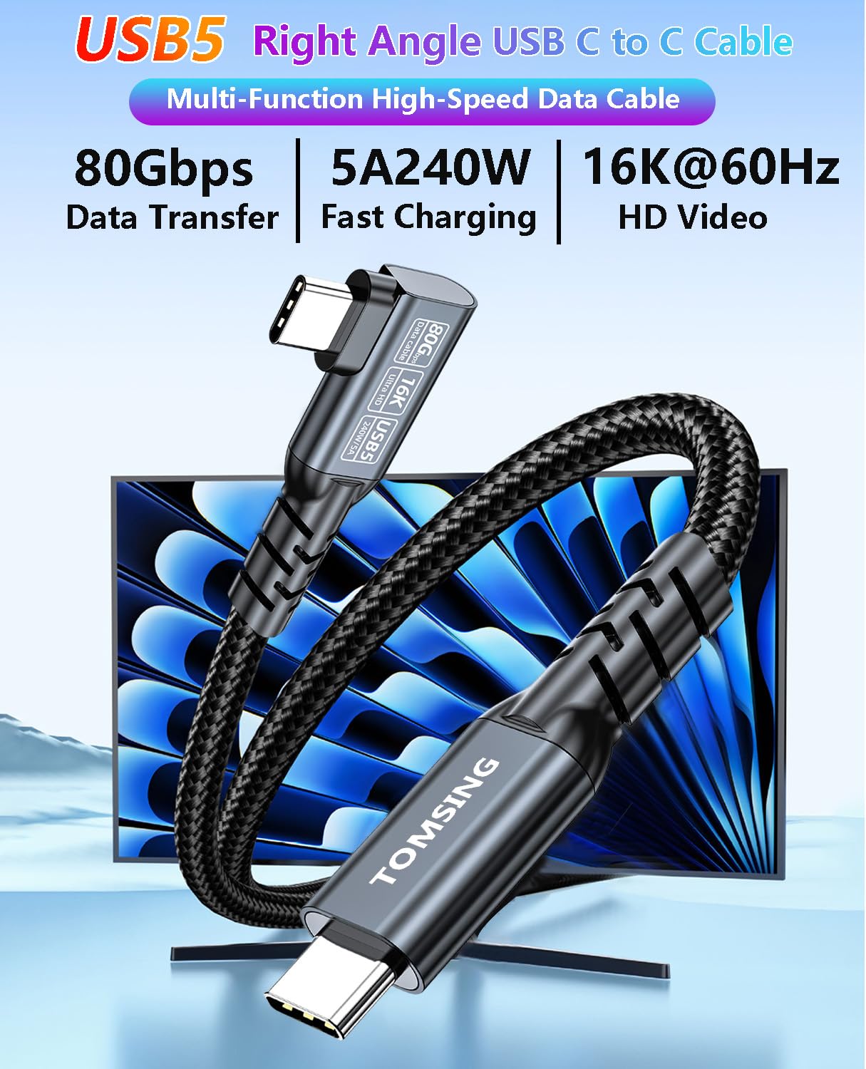 Cable de carga rápida USB C a USB C de 240 W en ángulo recto [1,5 m], USB 3.2 de 80 Gbps de alta velocidad, video HD de 16 K, trenzado de nailon, cable tipo C macho a macho para portátiles