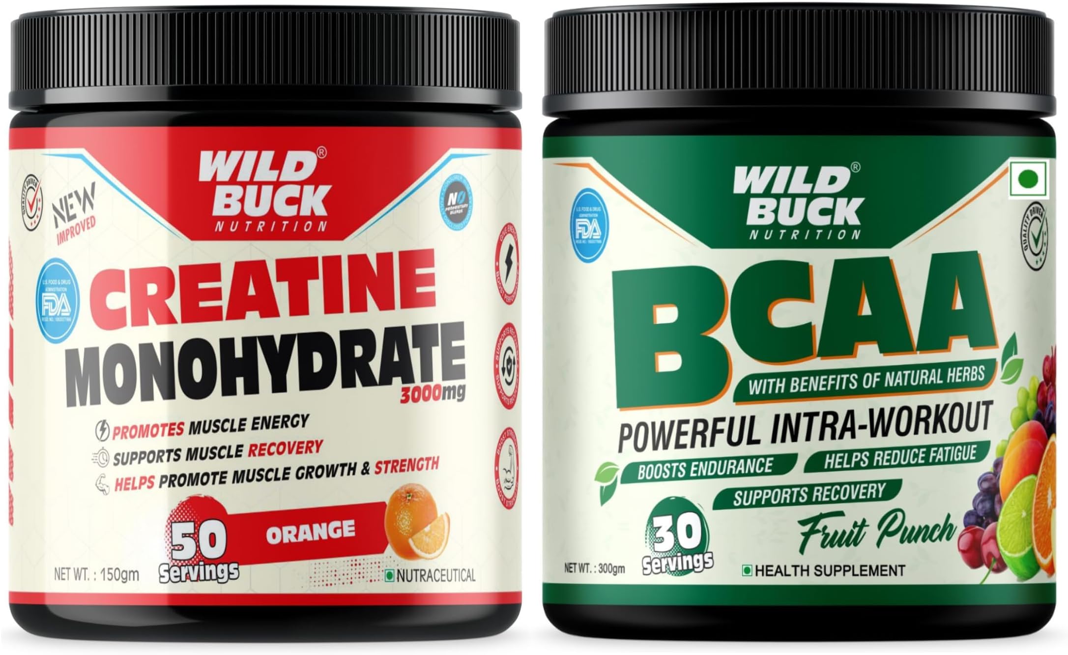 WILD BUCK Creatine Monohydrate,Strength,Reduce Fatigue,100% Creatine|[50 Servings,Orange]+Bcaa Powder With Natural & Powerful Herbs For Muscle Endurance For Women & Men [Fruit Punch,30 Servings,300G]