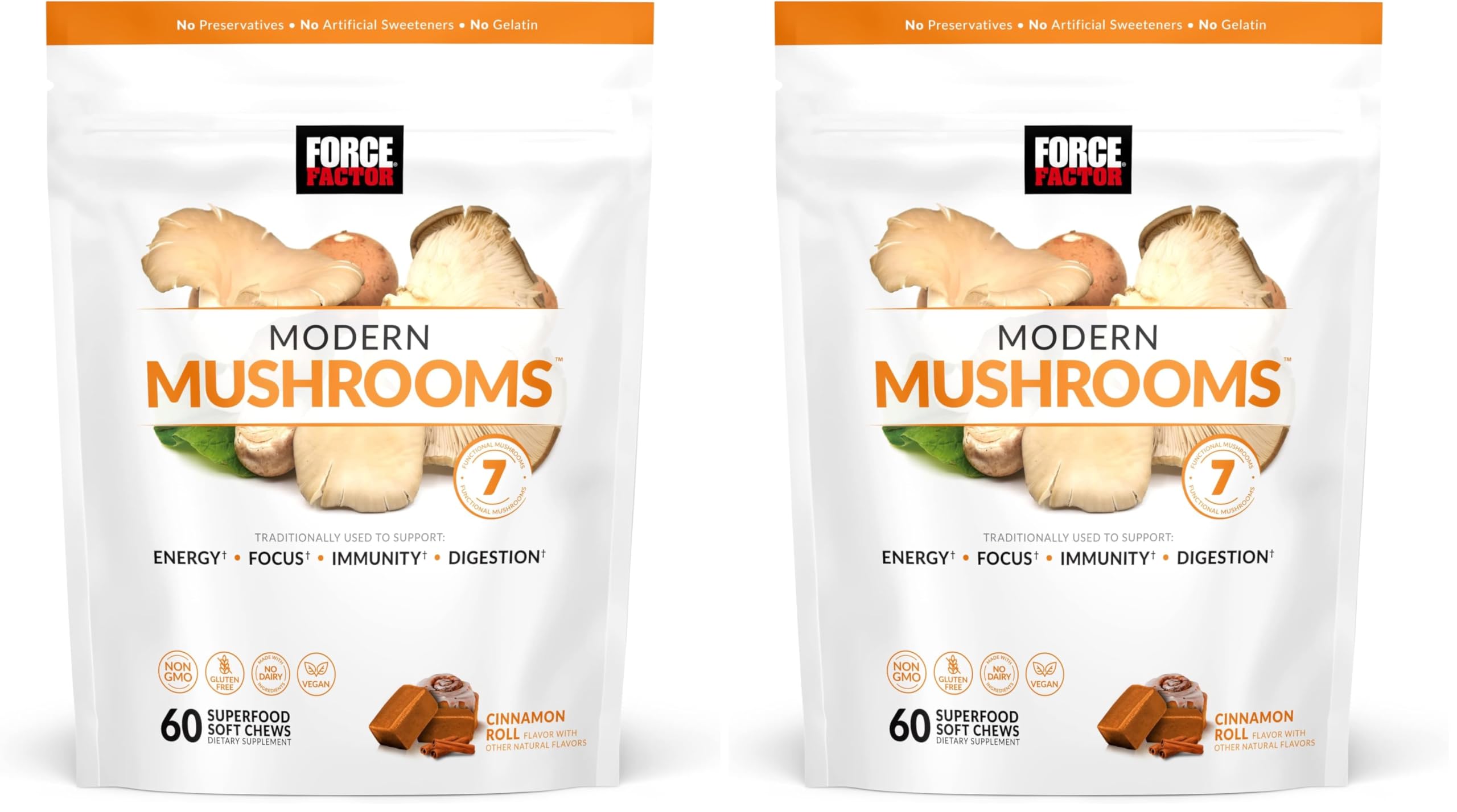Force Factor Modern Mushrooms Soft Chews, Mushroom Supplement with Lions Mane, Turkey Tail, & Cordyceps to Support Energy, Focus, Immunity, & Digestion, Cinnamon Roll, 60 Soft Chews, (Pack of 2) 60 Count (Pack of 2) Soft Chews