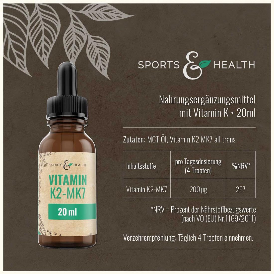 Vitamin K2 MK7 Tropfen All Trans Mit 200µg Pro Tagesdosierung, Hochdosiert Und Ohne Zusatzstoffe, Höchste Bioverfügbarkeit Mit 20 ml In Flüssigform