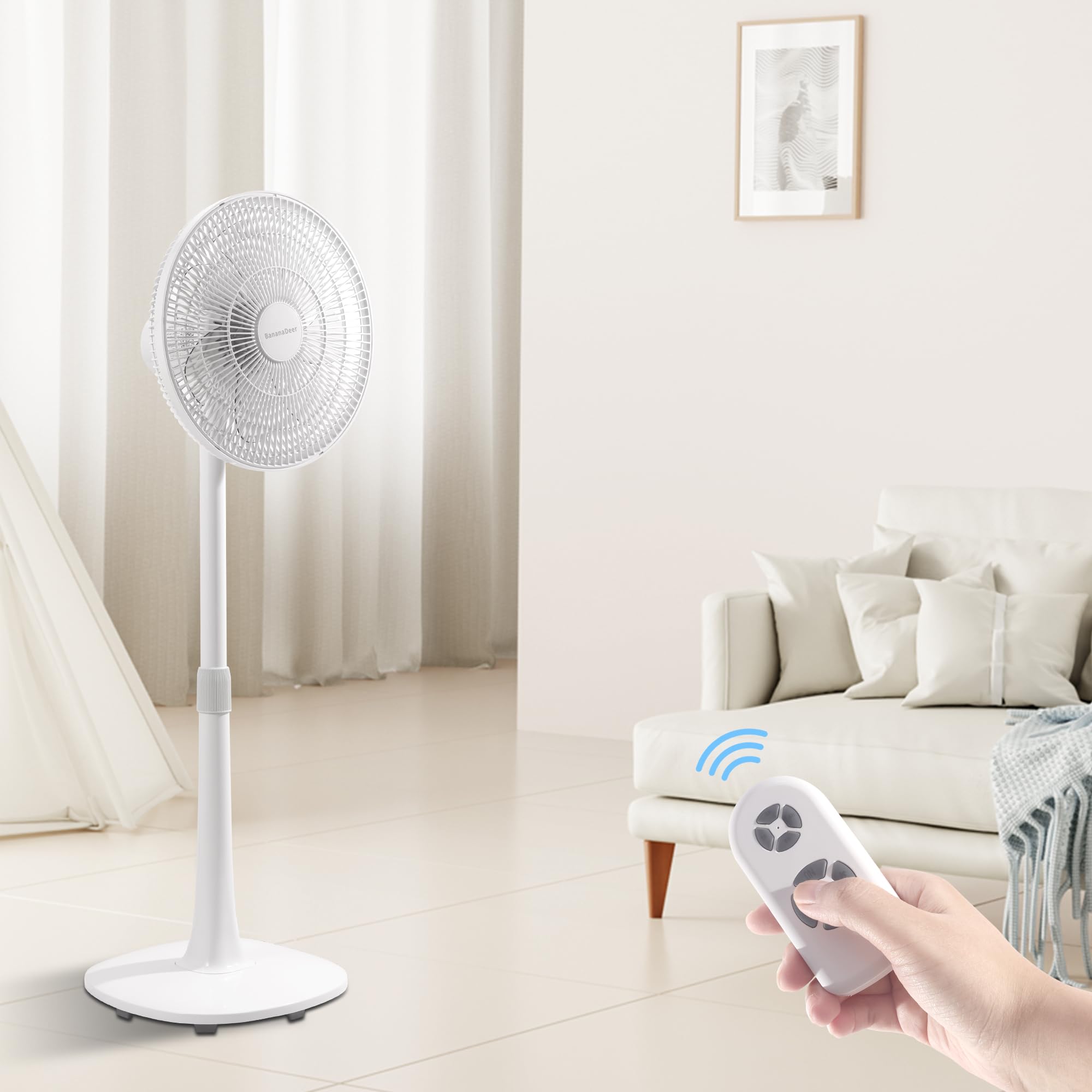 Ventilador de suelo oscilante de 4 velocidades de 7 aspas, 14.5 pulgadas, altura ajustable, ventilador de pie para el hogar, motor de CC, con control remoto, temporizador, cabeza inclinada, 9