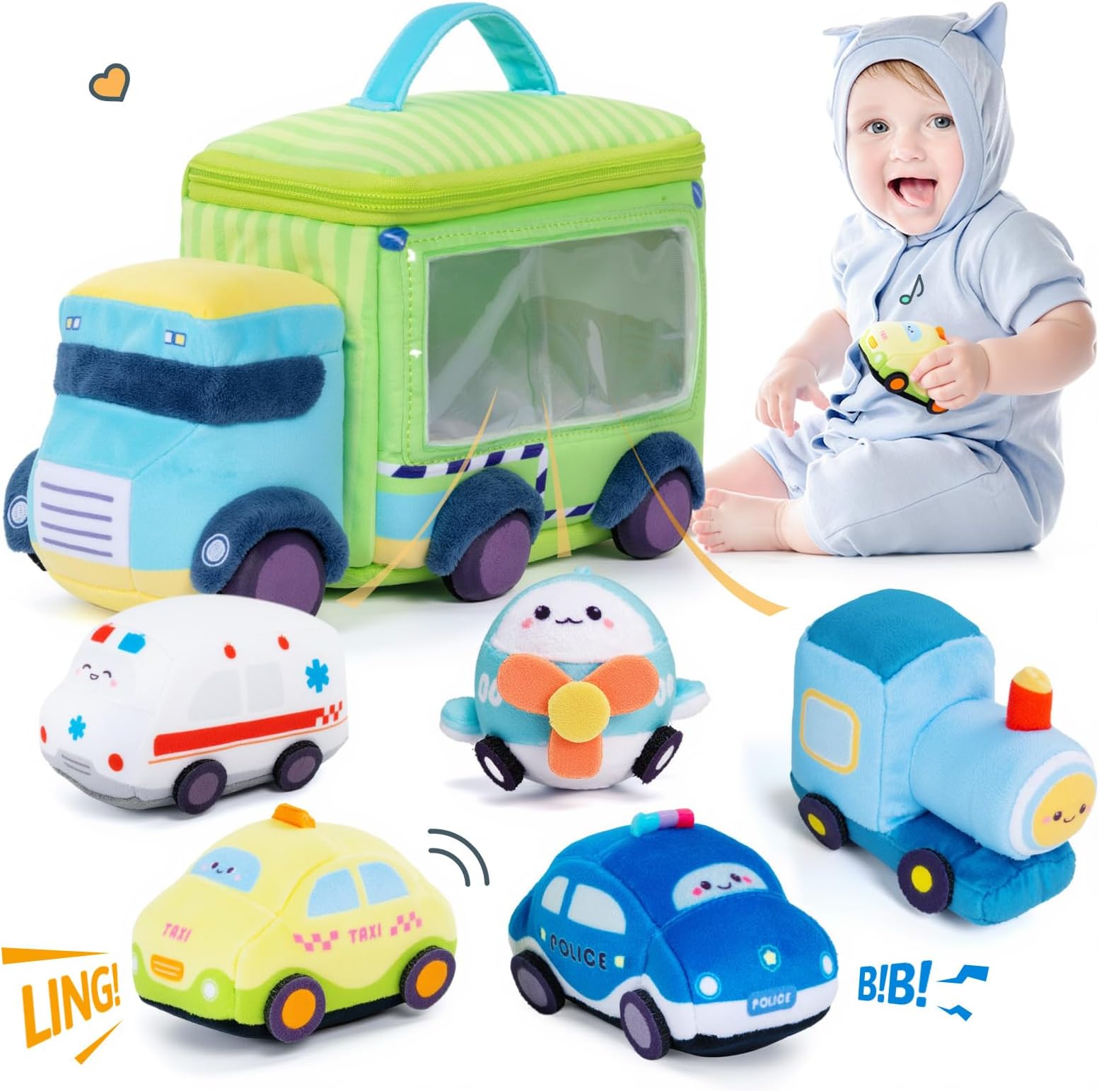 OUOZZZ Baby Toys 6-12 Months - Soft Cars for Toddlers 1-3 - Little Blue Truck Plush Toys for Babies- First Birthday Gifts for Boys - Stuffed with Squeaker, Bell Ringing Sensory Toys Portable Playset