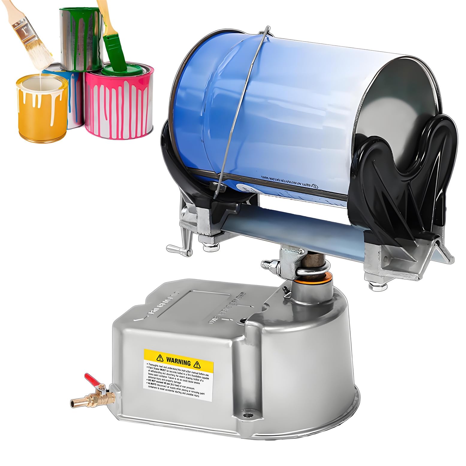 Pneumatyczna maszyna do mieszania farb, regulowana do średnicy beczki 80-250 mm, wydajny 15-minutowy cykl dla puszek 1-5 kg, oscylacja 30°, prędkość 0-500 obr./min