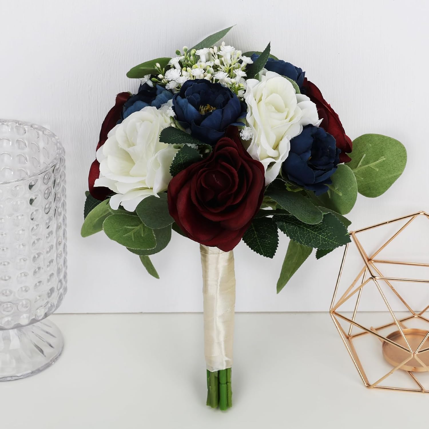 Set of 6 Bridesmaid Bouquets, 11 Inch Wedding Bouquets for Bridesmaids Artificial Flower Bouquets for Wedding Ceremony Bridal Shower Decorations - Burgundy & Navy Blue - Image 4