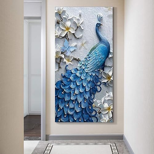 Miniatura 74 de Looife Lienzo decorativo para pared de pavo real, 16 x 32 pulgadas, pájaros verde azulado con flores, decoración de pared para decoración de DW148