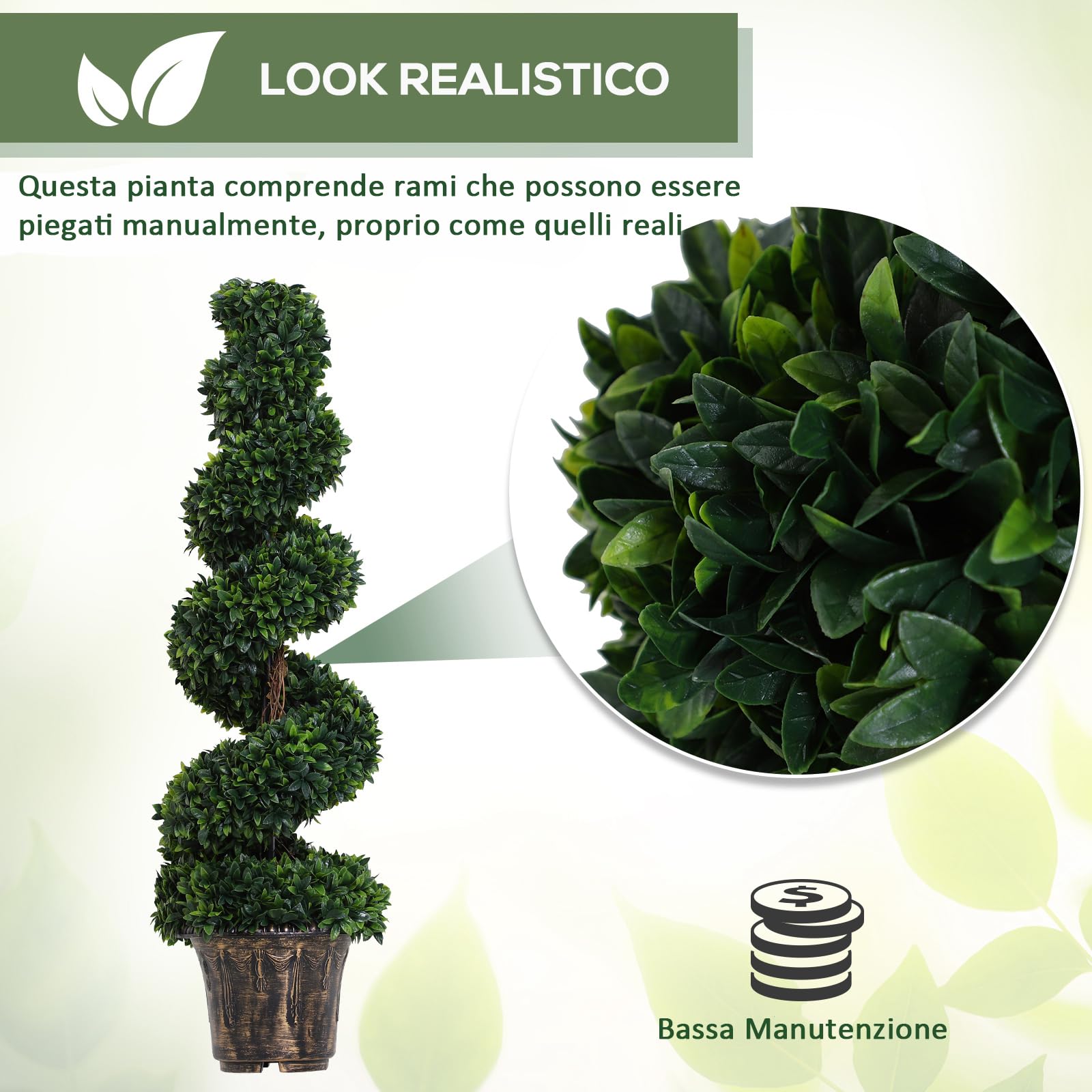 Outsunny Set 2 Piante Finte da Interno di Bosso a Spirale 120cm Verde | Piante Artificiali per Interno ed Esterni, Vaso Incluso, Pianta Finta per Decorazione Casa, Ufficio, Soggiorno, Giardino