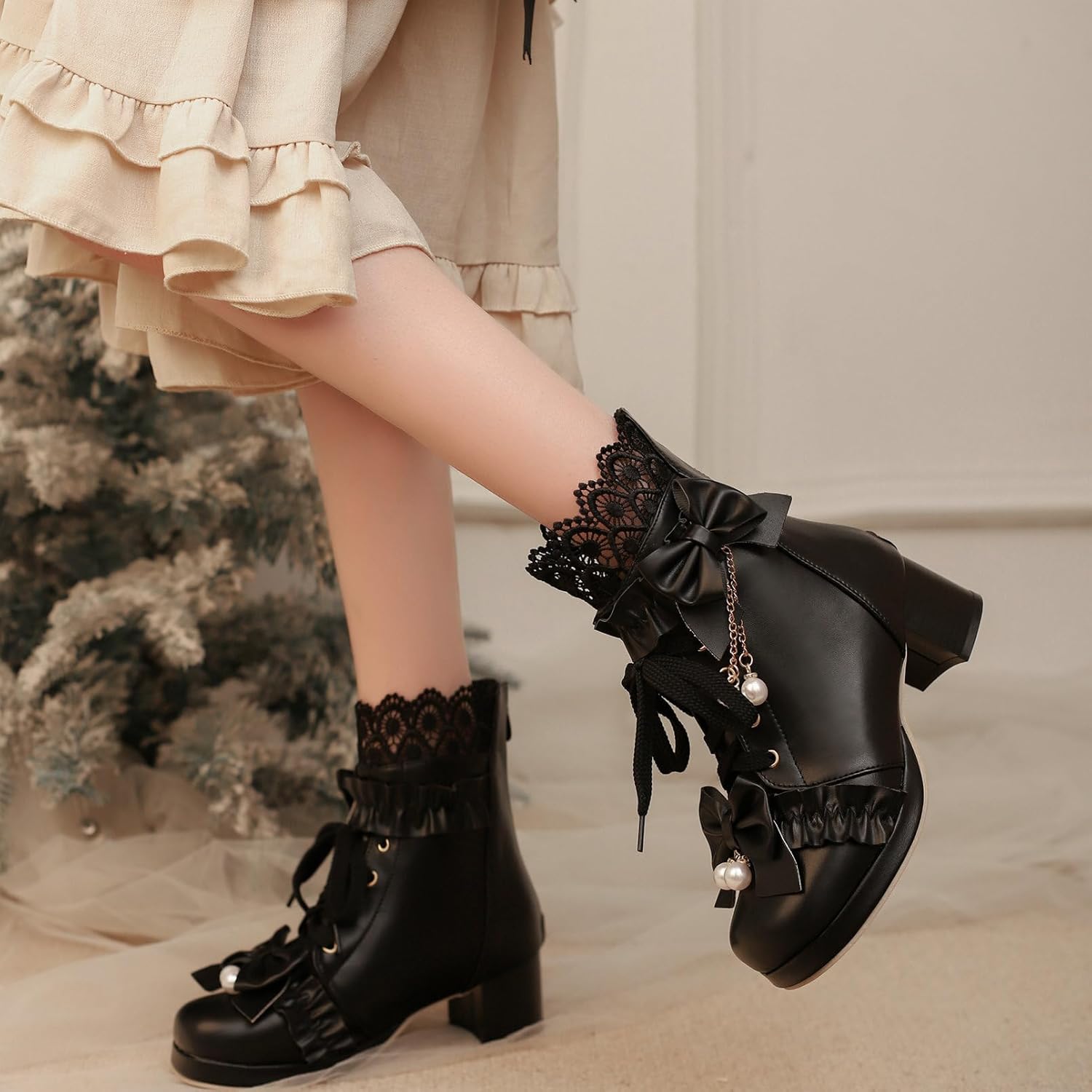 LUXMAX Women Lace Up Ankle Boots with Bow Kawaii Shoes Chunky Mid Heel Japanese Cosplay Shoes Platform Cute Lolita Boots - Image 2