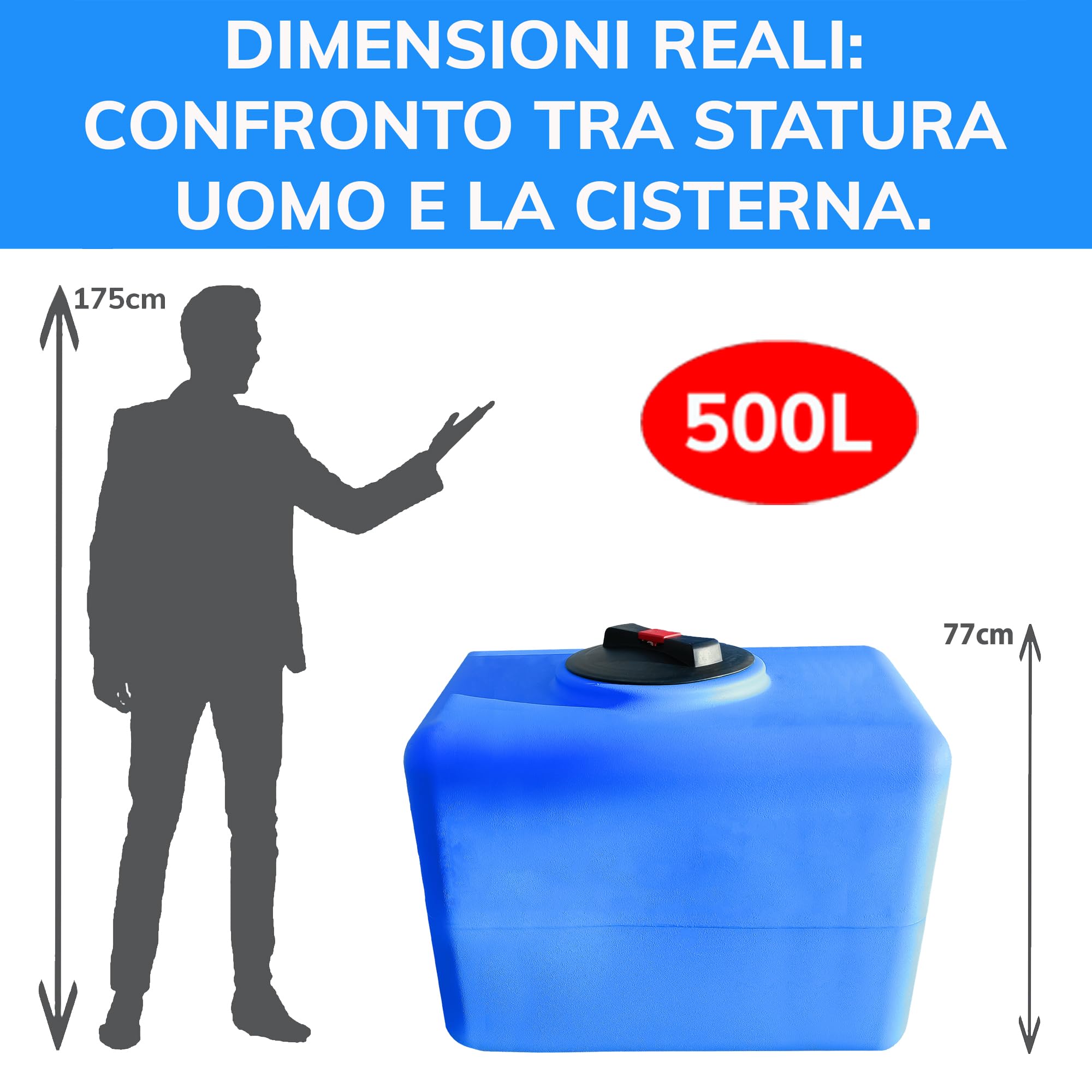 ESTO Serbatoio Acqua Potabile 100L Quadrato - 200L, 300L Rettangolare Polietilene Per Raccolta Acqua, Cisterna Esterno Blu, per Utilizzo Fuori Terra 500 LT