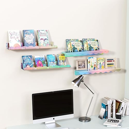 Miniatura 8 de NiHome Wall Mount Acrylic Cloud Wave Floating Shelves 4-Pack, Stylish, Durable & Easy to Install Nursery Bookshelves for Kids, Multi-Purpose Storage