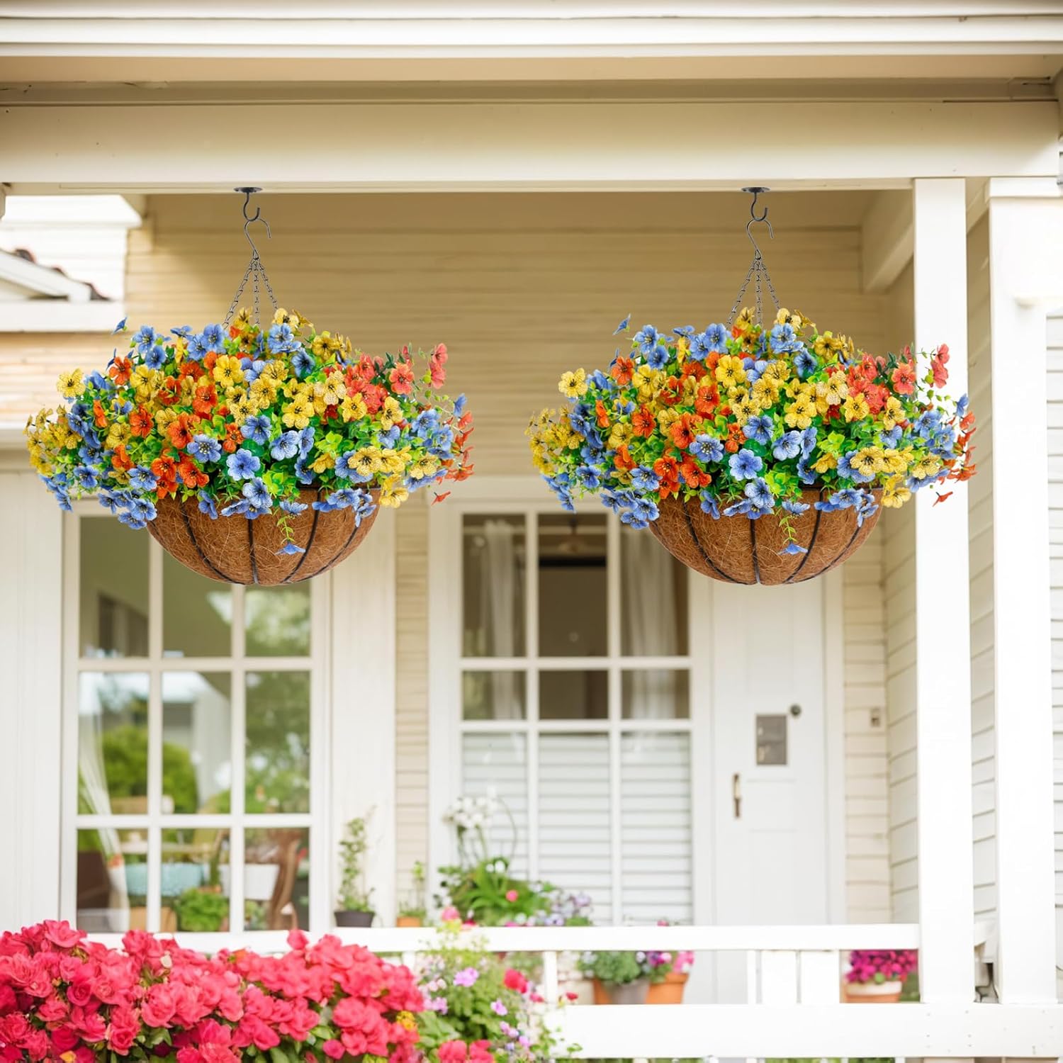 14 inch 2 Pack Artificial Faux Hanging Plants Baskets with 36 Pcs Flowers for Outdoor Outside Decoration,Fake Silk Daisy UV Sun Resistant for Porch Patio Balcony Yard Decor (Blue Yellow Orange)