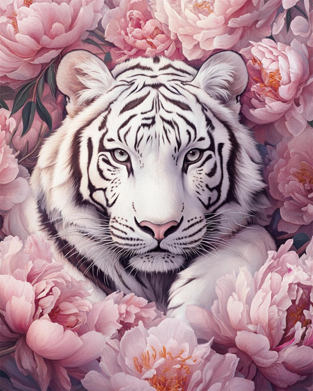 RKFLGEW DIY Embroidery Beads Set White Tiger and Flowers 30x40cm