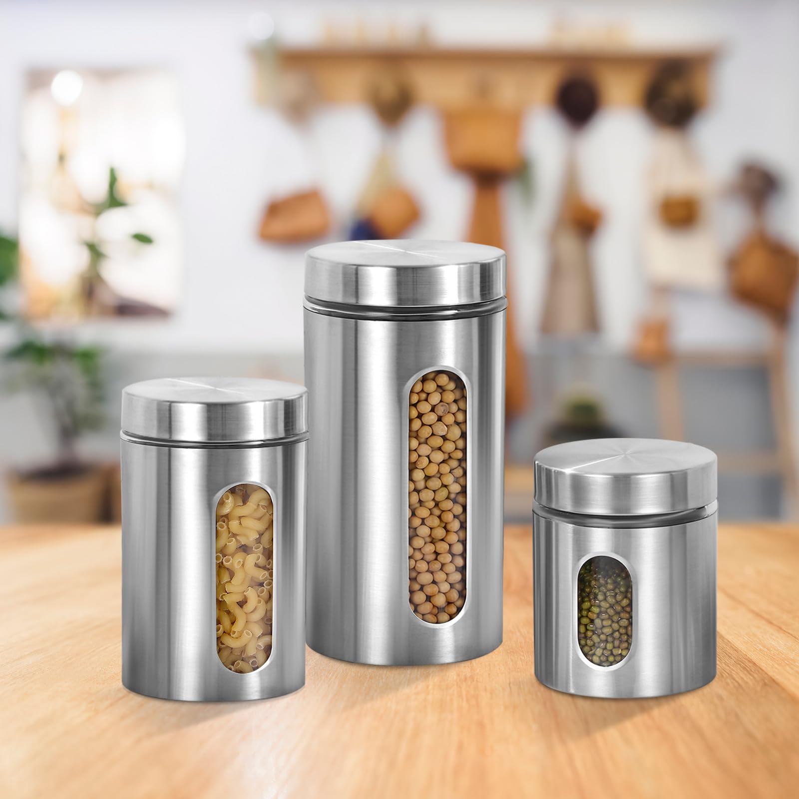POPETPOP Recipientes para alimentos de cocina 3 unidades de acero inoxidable con tapa sellada para conservar frescura en tiendas