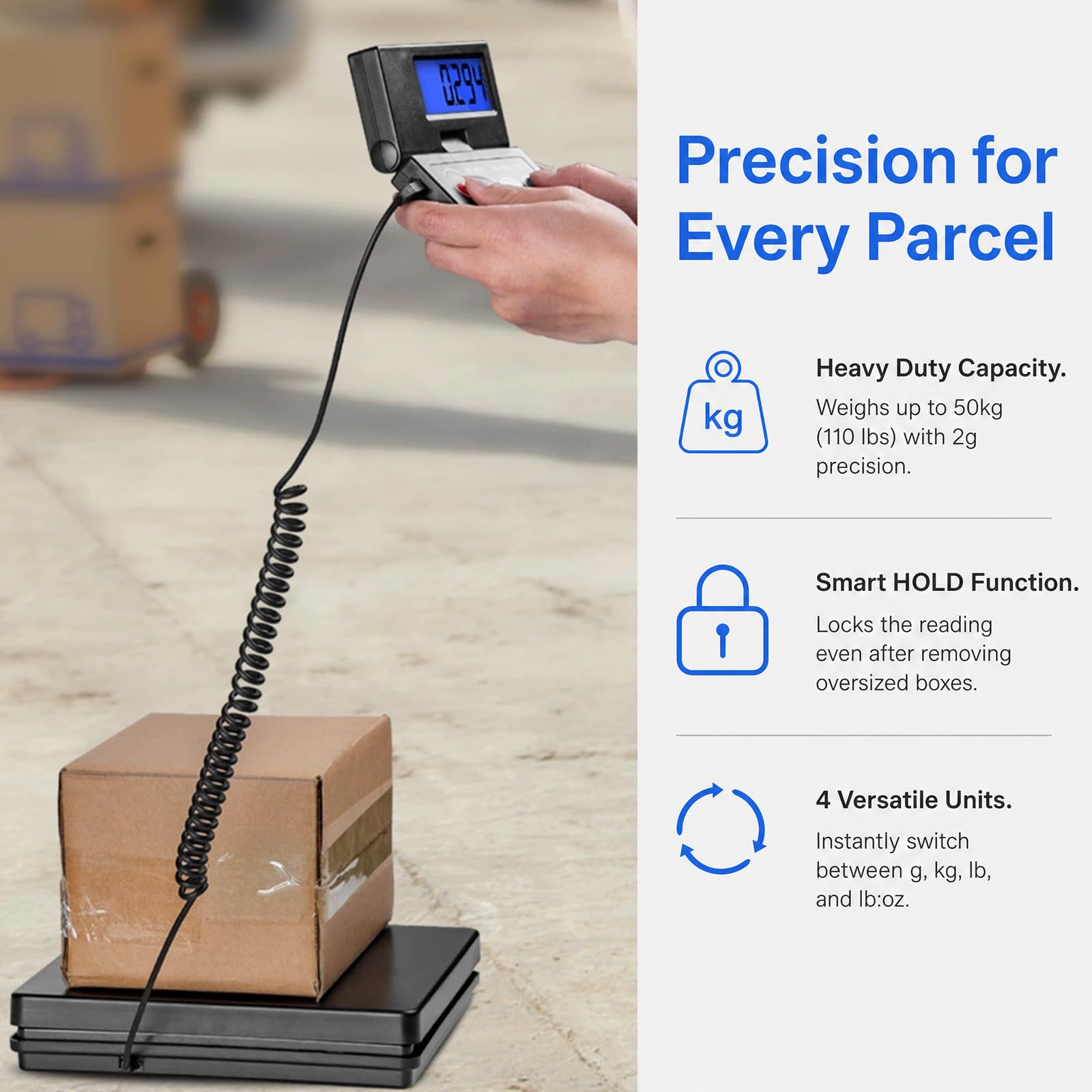 Bilancia per pacchi, 50 kg | D=2 g - Bilancia da piattaforma ad alta precisione, bilancia digitale per posta con display LCD esterno pieghevole, incl. batteria e cavo USB per pacchi/bagagli/ufficio