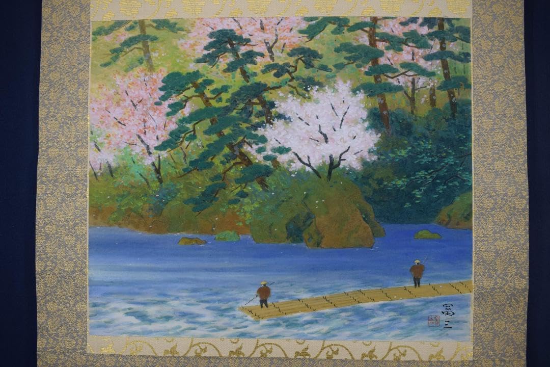 真作/高木富三/嵐山春景/保津川/山水図/青緑岩絵具/掛軸/名家伝来AH-563 真作/高木富三/嵐山春景/保津川/山水図/青緑岩絵具/掛軸/名家