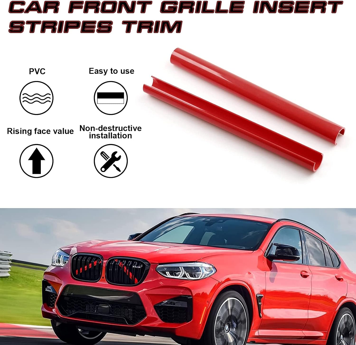 x xotic tech Front Grille Insert Trims Stripes, Front Center Kidney Grilles V Bar Brace Wrap Cover Compatible with BMW X3 X4 X5 F25 G01 G02 G05 (Red)