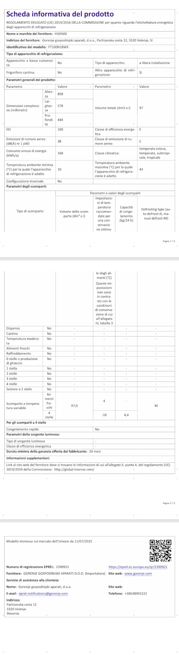 Hisense FT100N1BWE NUOVO Congelatore a Pozzetto con capacità 97 litri, Silenzioso MAX 40 dB, Bianco