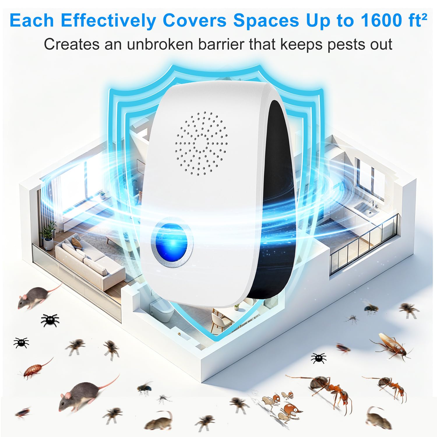 2026 Upgraded Ultraschall Repeller 8 Packs, Indoor Repellent für Maus, Rotauge, Ameise, Nager, Käfer, Mücken, Spinnen Abwehr für Haus Garage Lager Küche