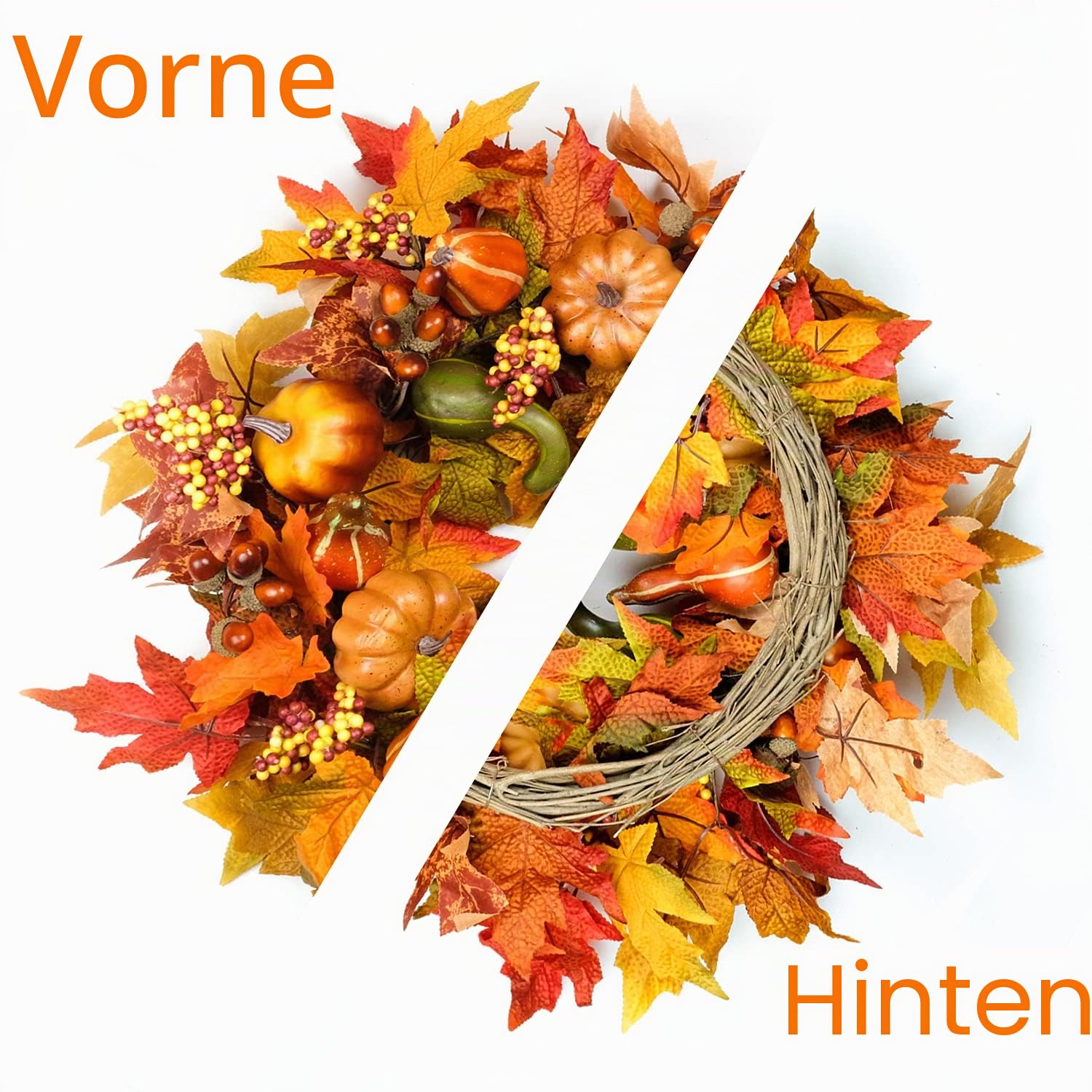 Herbstkränze für Haustür, 55 cm, Herbsttürkranz mit Kürbis, Ahornblättern, Herbst, Erntedankfest, Erntefest, Dekorationen für drinnen und draußen