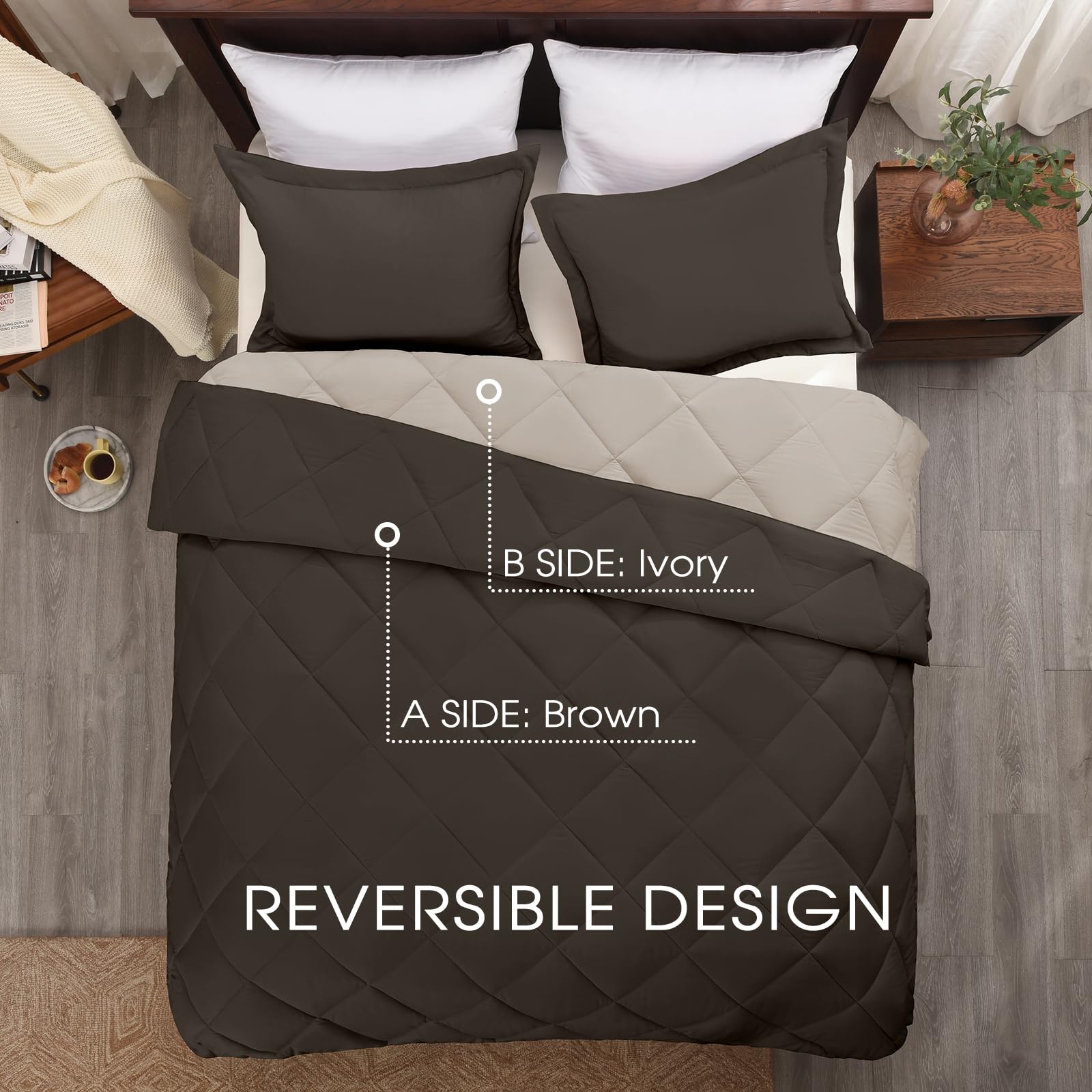 Basic Beyond Zestaw pościeli w rozmiarze queen, dwustronny zestaw pościeli na wszystkie pory roku, 1 kołdra (224 x 234 cm) i 2 poszewki na poduszki (51 x 66 cm + 5 cm), brązowy/kość słoniowa