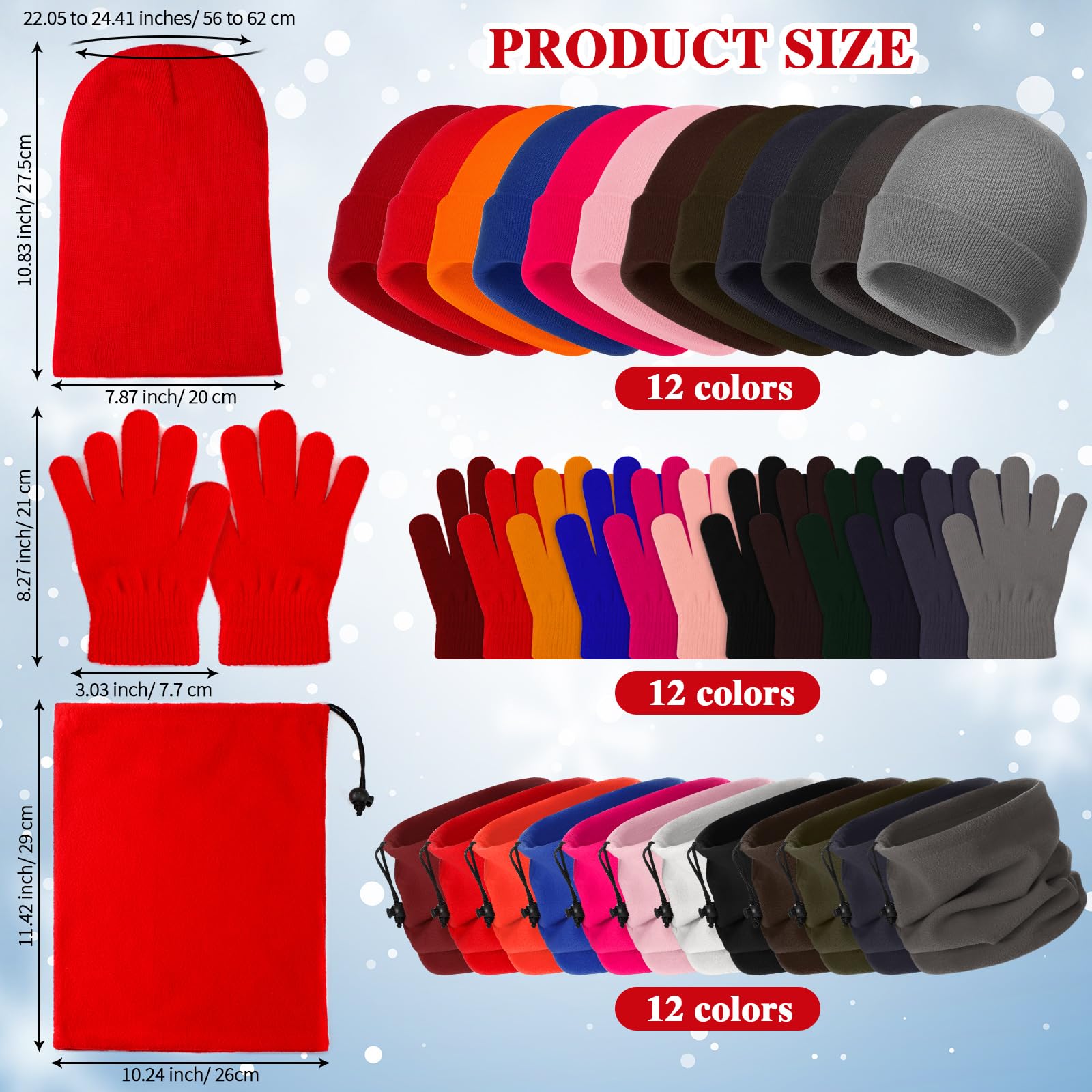 Suhine 36-teiliges Winter-Unisex-Handschuhe, Beanies, Halswärmer-Set, inkl. 12 gemütlichen Schal, 12 Strickmützen, 12 Handschuhe für Damen und Herren, Wohltätigkeitsgeschenk, Mehrfarbig, Einheitsgröße