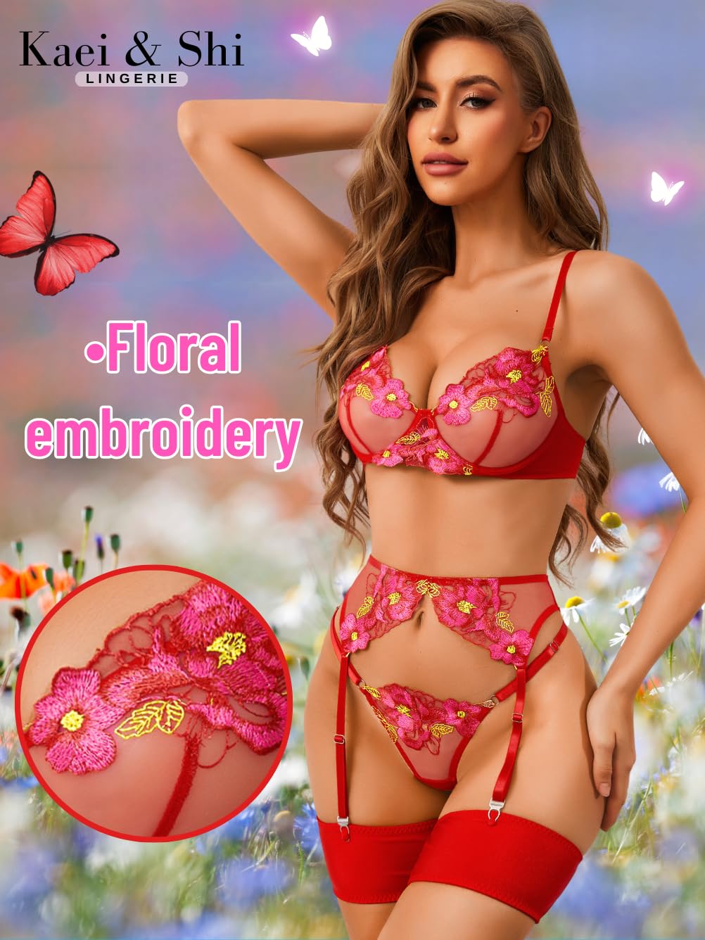 Kaei&Shi Floral Embroidered Garter Belt Set,Sheer Lingerie Sets for Women Sexy,Wedding Night Valentines Boudoir Outfits