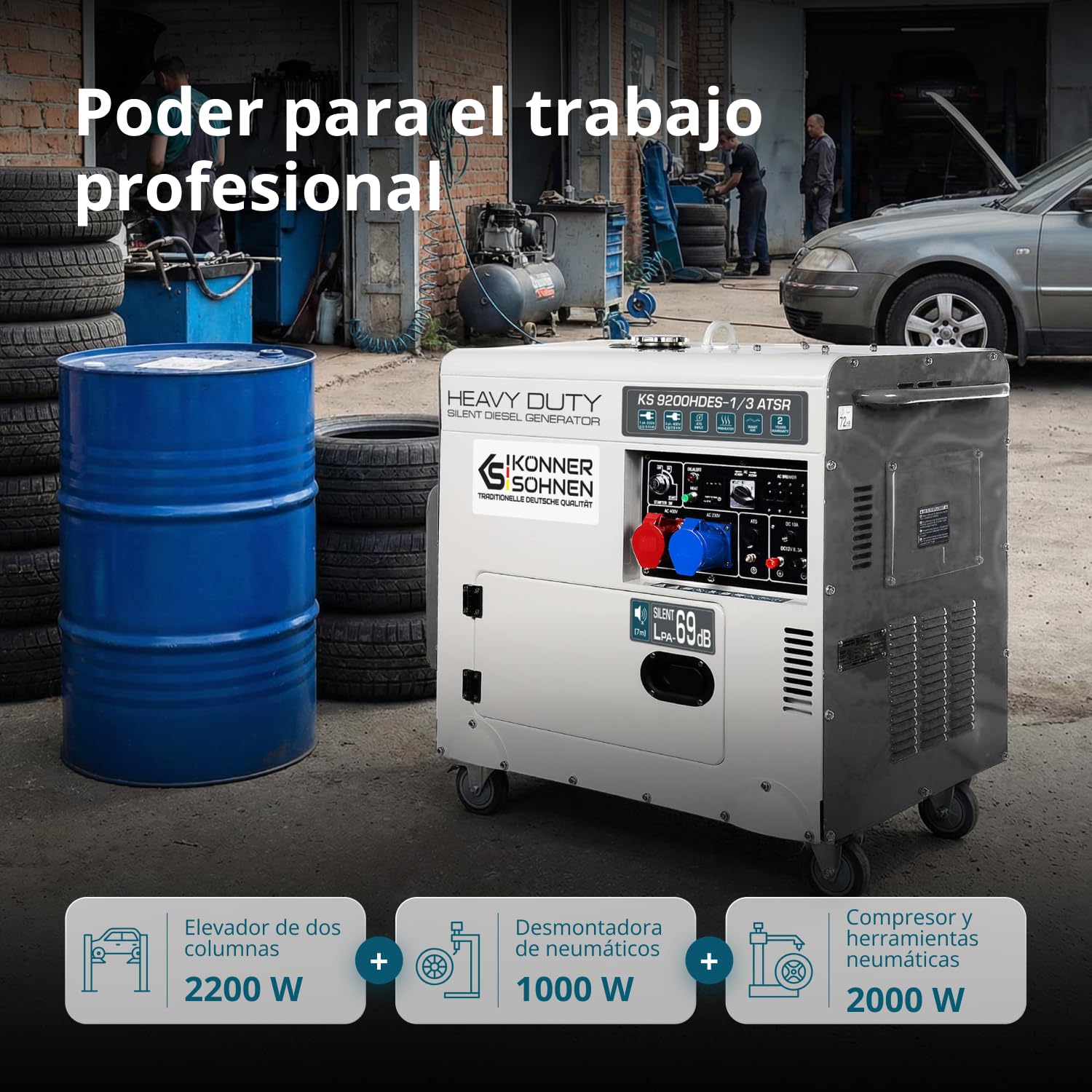 Könner & Söhnen KS 9200HDES-1/3 ATSR - Generador de corriente (motor diésel de 4 tiempos, 18 CV, 7500/6400 W arranque electrónico, precalentador, regulador automático de voltaje