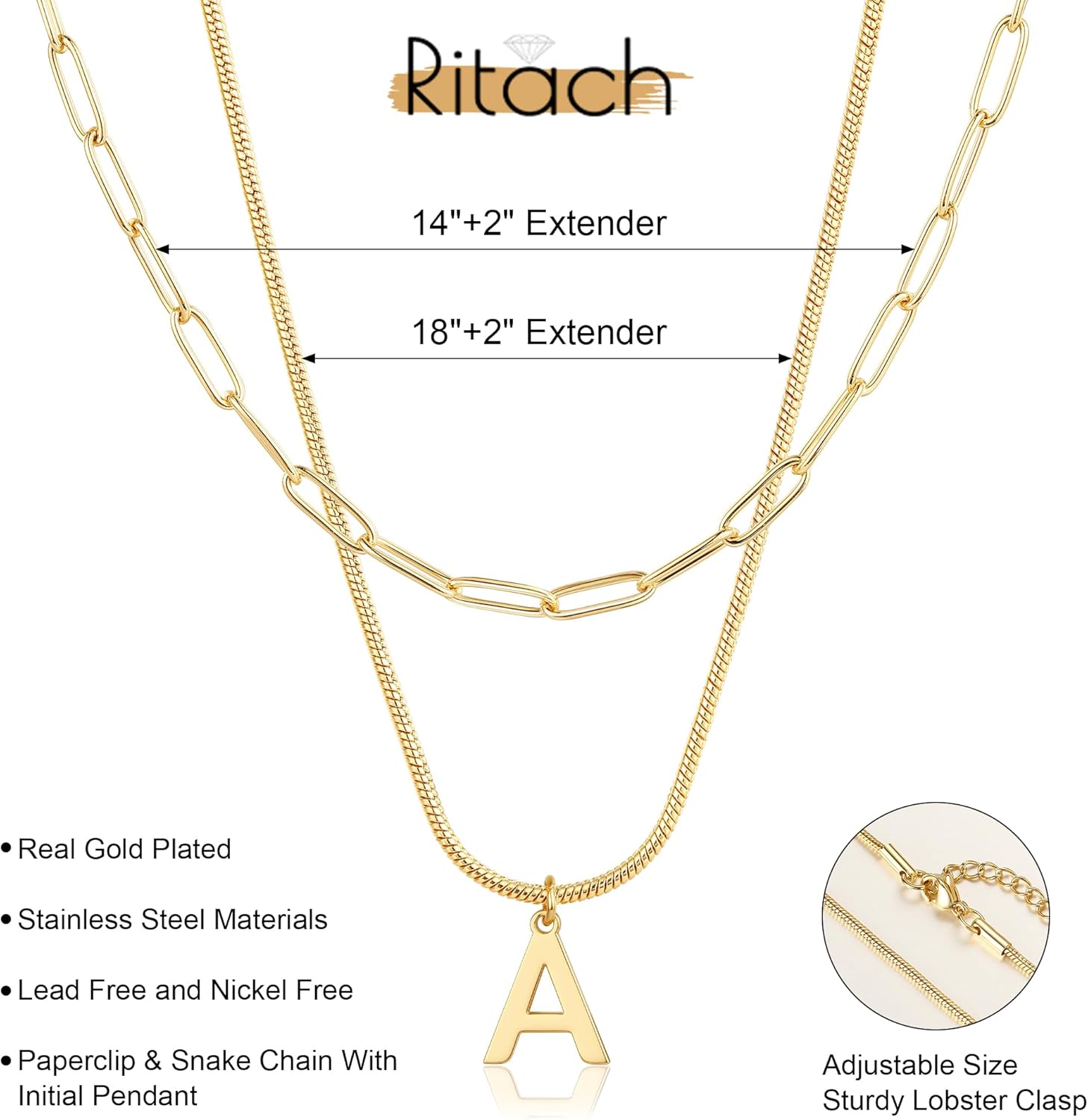 Ritach Gold Necklace for Women - Real Gold Plated Layered Initial Necklace Snake Paperclip Chain Necklace Dainty Gold Letter Necklace for Women Girls Jewelry Gifts - Image 6