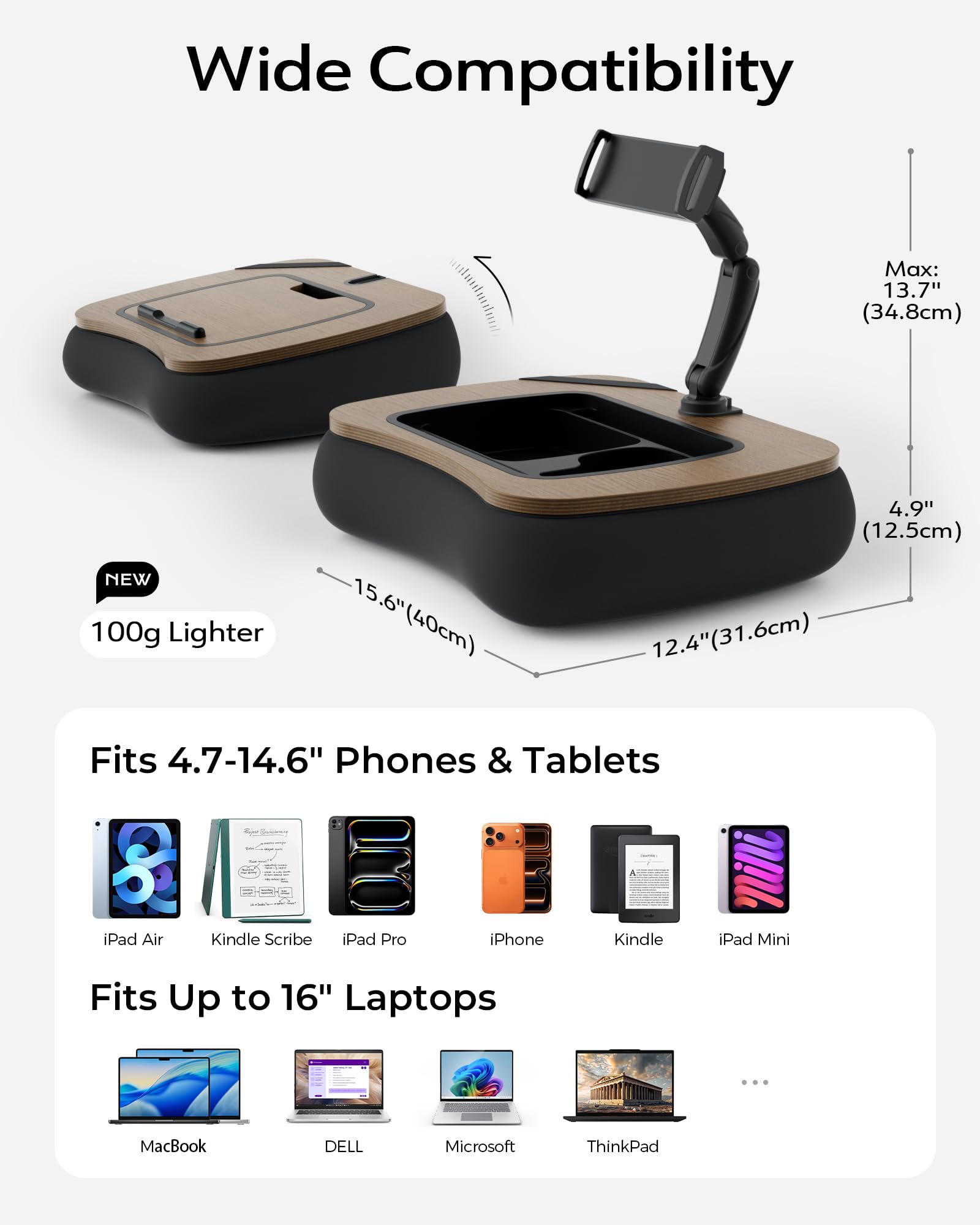 LULULOOK Supporto per cuscino per Kindle e tavolo 2 in 1, supporto regolabile per tablet, iPad da letto, braccio pieghevole per laptop da 14", iPad, telefono, tablet da 4,7-14,6" e Kindle con