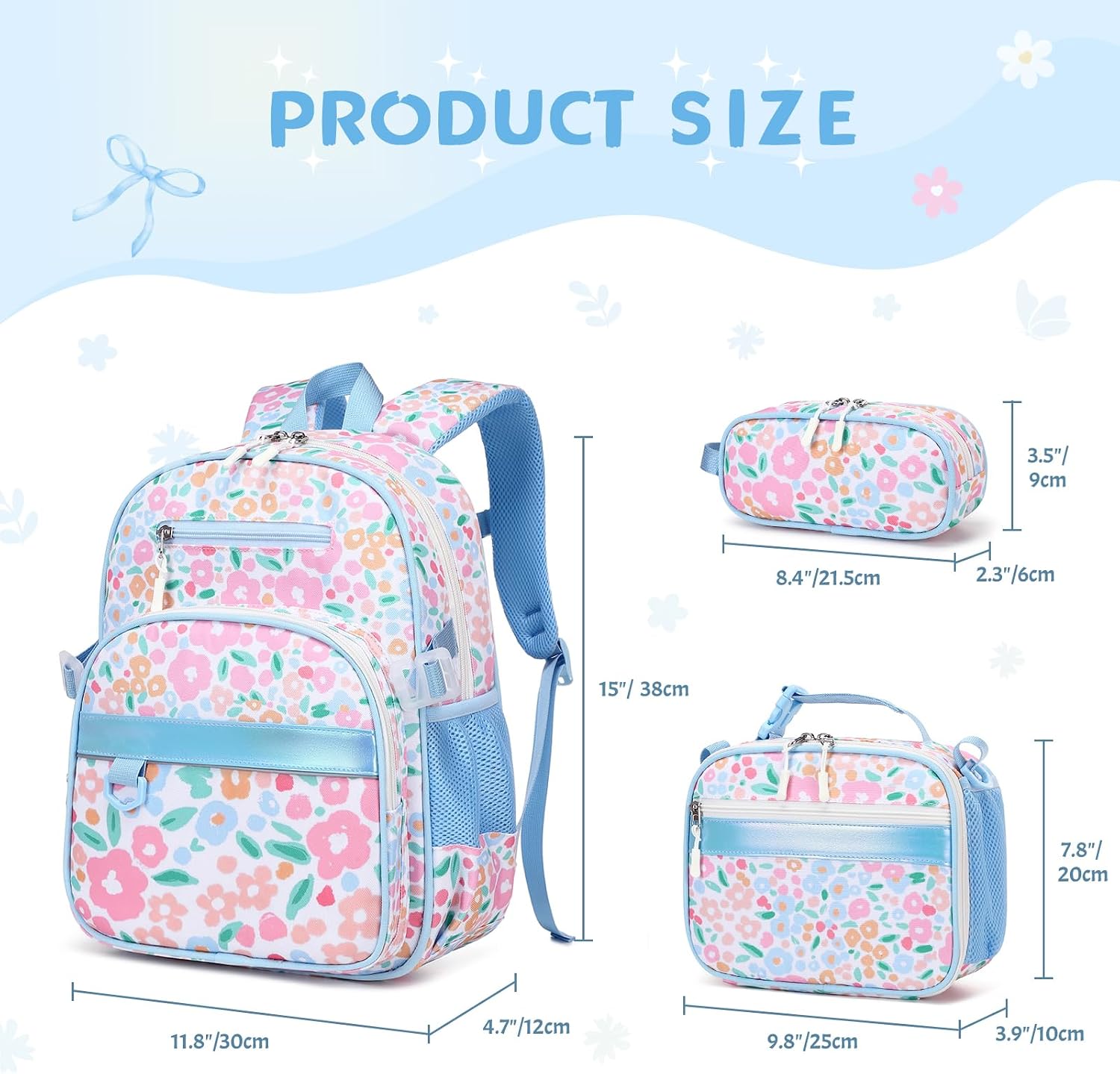 Toddler Backpack for Girls Ages 5-8, 3PCS Girls Backpack with Lunch Bag & Pencil Case - 15inch Kids School Bookbag for Preschool Kindergarten Elementary School (Flowers)