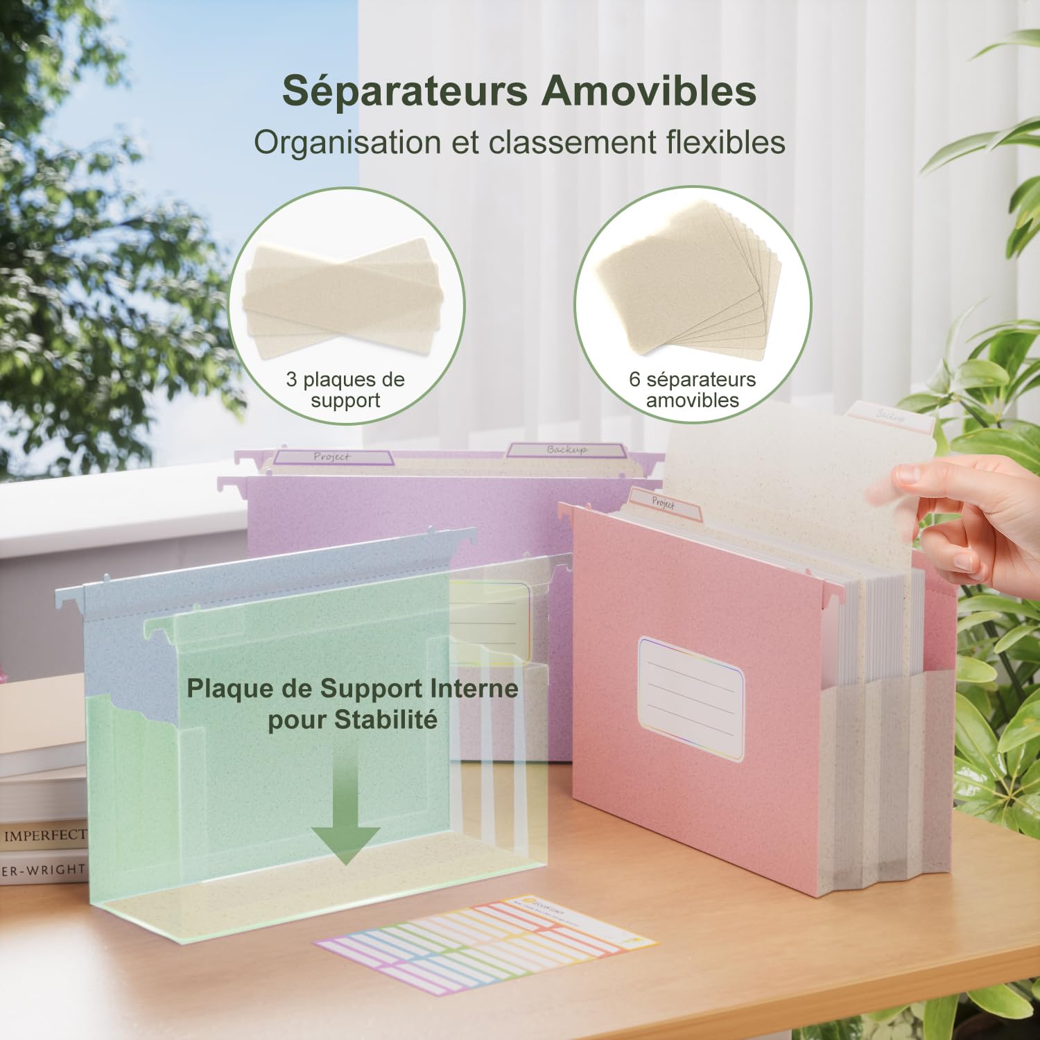 EcoStach Dossiers Suspendus A4, en paille de blé, organiseur de dossiers suspendus avec onglets et inserts pour bureau, maison et école (lot de 3, Violet, Bleu, Rose)
