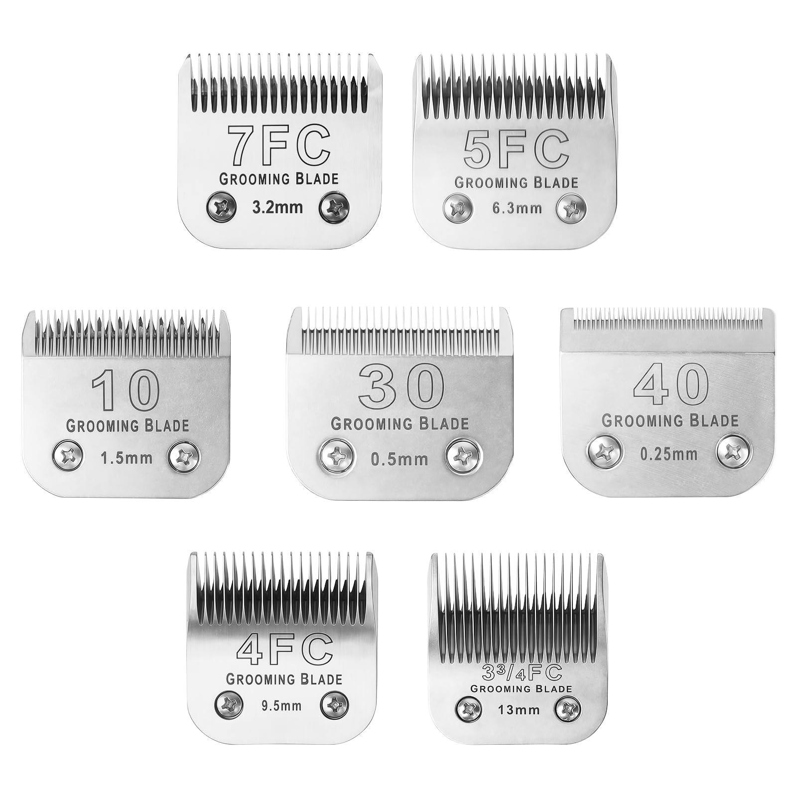 MEMIRY Size 10+30+40+7FC+5FC+4F+3-3/4FC Detachable Dog Grooming Blades, Compatible with Andis, Oster A5, Wahl KM10 Series Clippers, Cut Length 0.25mm-13mm, Silver