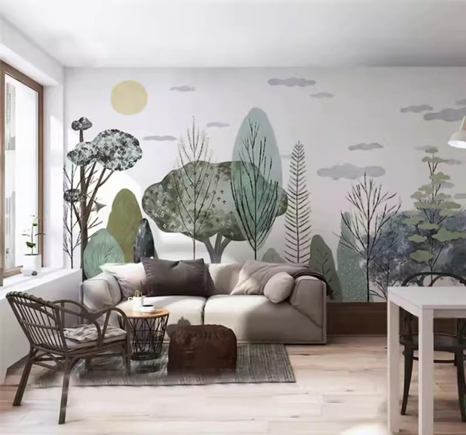 Retro Hand Drawn Woodland Sunrise Landscape 3D Wallpaper Easy Install Feature Office Living Room Sofa Bedroom TV Background Wall Decoration-300cm×210cm
