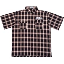 Floral Embroidery Plaid Short Sleeve Shirt Men Lapel Button Down Shirts Blouse Brown