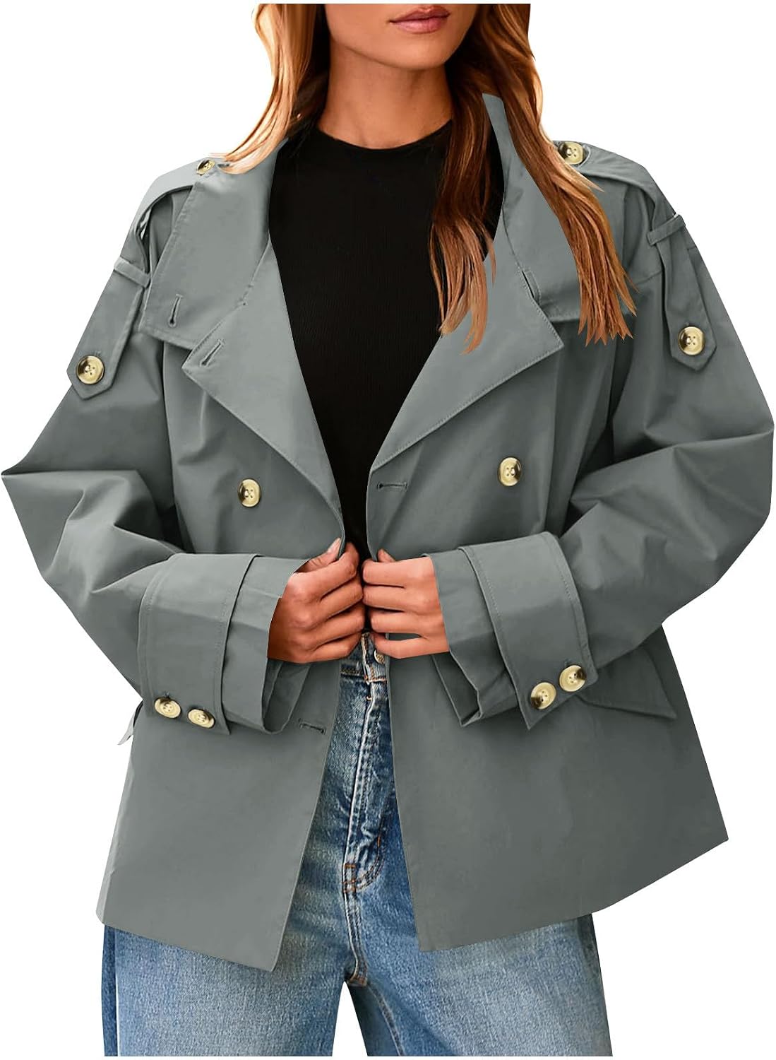 Trench Coat Women Crop Classic Double Breasted Lapel Business Casual Fall Jacket Coats Trendy Oversized Outerwear