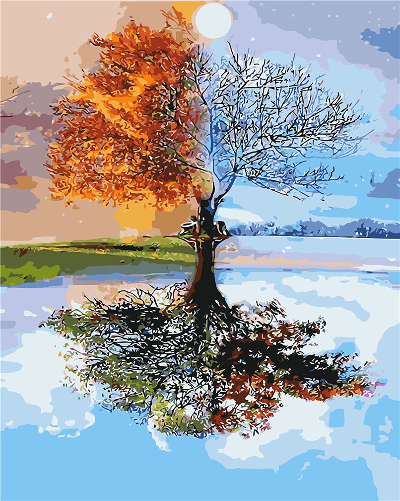 Amiiba 4 Seasons Diy Paint By Numbers Kits, Romantic Four Season Tree 16X20 Inch Acrylic Painting By Number Wall Art Crafts (, Without Frame)